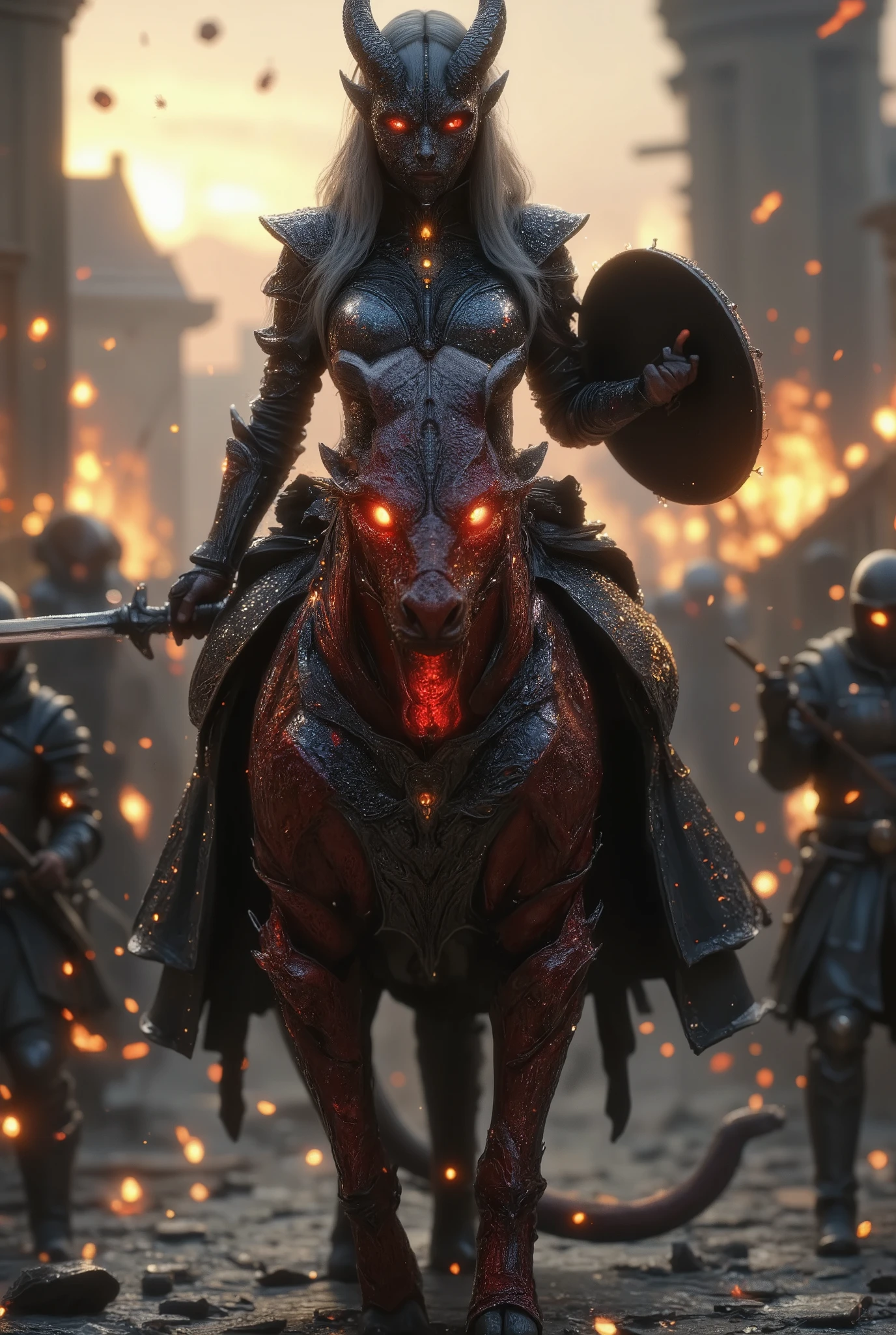 "Epic scene of a humanoid dragon knight in dark medieval armor with a dragon-like head and glowing red eyes, wielding a sword and shield, riding a fierce red armored dragon with glowing eyes. They are in the middle of a chaotic battle in a burning medieval city, surrounded by fire, smoke, clashing soldiers, and flying debris. Cinematic lighting, dramatic firelight reflections, dark fantasy style, ultra-detailed, high realism, dynamic motion, 4k