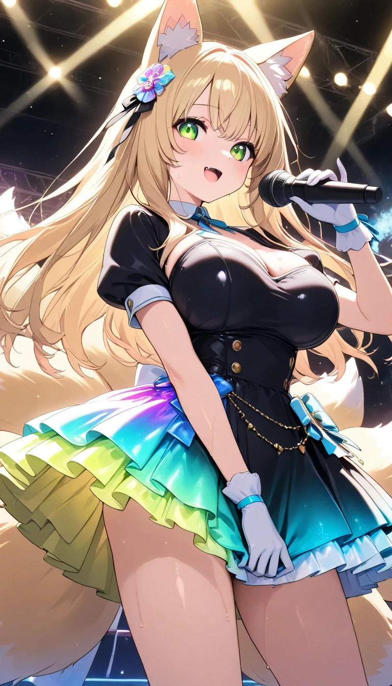 HAYASHIDAKIRA, BLONDE HAIR, ONE SIDE UP, HAIR SCRUNCHIE, GREEN SCRUNCHIE, POLKA DOT SCRUNCHIE, PARTED BANGS, VERY LONG HAIR, GREEN EYES,, large breasts,, Live Stage, solo wet
