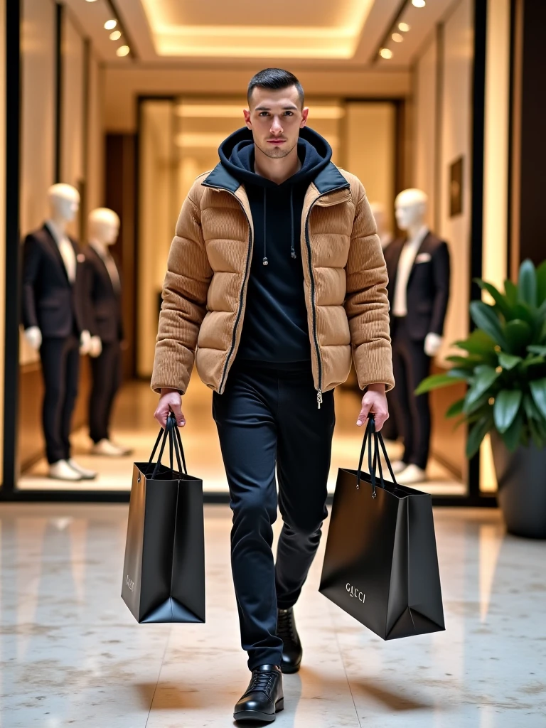 masterpiece, ultra photorealistic, Best quality, high resolution, realistic, sharpness, detailed skin pores, shopping mall artificial light, 8k, one man, focus on man, bald muscular man, pale skin, very tall, American face, muscular god body, small waist, wearing a blue men's jean, men's jewelry on the wrist and neck, jacket and black shirt in a shopping mall