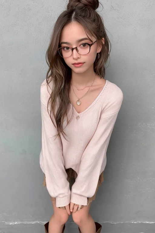 A young Korean woman with her hair close up, with a sexy body and clothes "Cutes" in shades of pink and a bow on your head