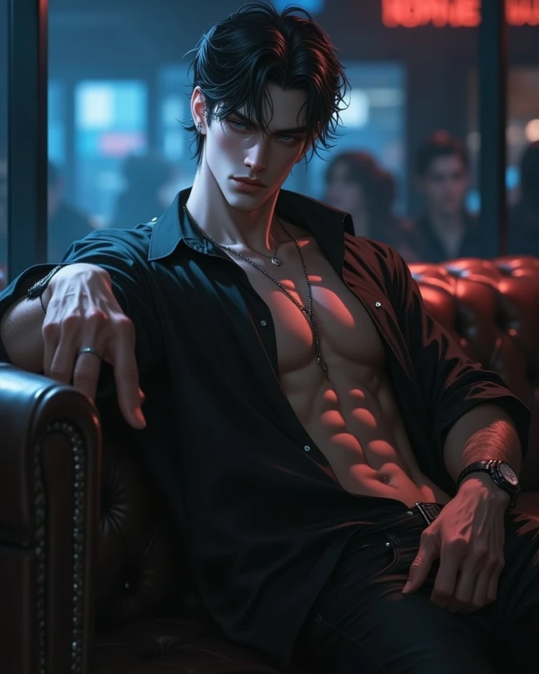 8k, masterpiece, best quality, realistic, higly detailed, cowboy shot, 1boy, solo, Fuutarou, young man, fair skin, black hair, bowl cut, two strands sticking up from the back of his head, bangs that cover his forehead, blue eyes, slim physique, tall build, tends to slouch, serious expression, scary and thuggish vibe, bad guy, Trapper