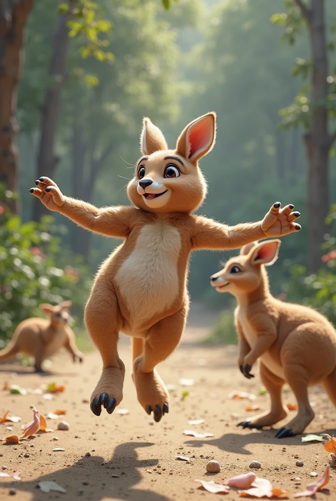 there are a group of kangaroos in diapers standing on a wooden surface, kangaroos, pixar zootopia. 3 d rendering, australian, ultra realistic 3d illustration, zootopia 2, zootopia stile, zootopia style, zootopia movie style, ‘zootopia’, spy kangaroo, global illumination. vfx, subject : kangaroo, subject: kangaroo