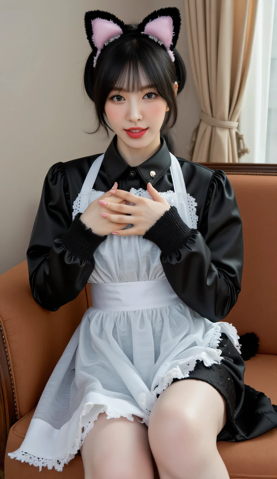 a woman, sitting upright in a chair, in the living room, body facing front, Eyes looking at the camera, both hands clasp breasts, bras and underwear strewn around, using a long-sleeved waitress uniform of black satin material, a long white frilly apron, using stockings of white color, big , Banged hair ponytail model black color, seductive smiley face, color stockings using a cat ear band with a cat's tail behind the waist,