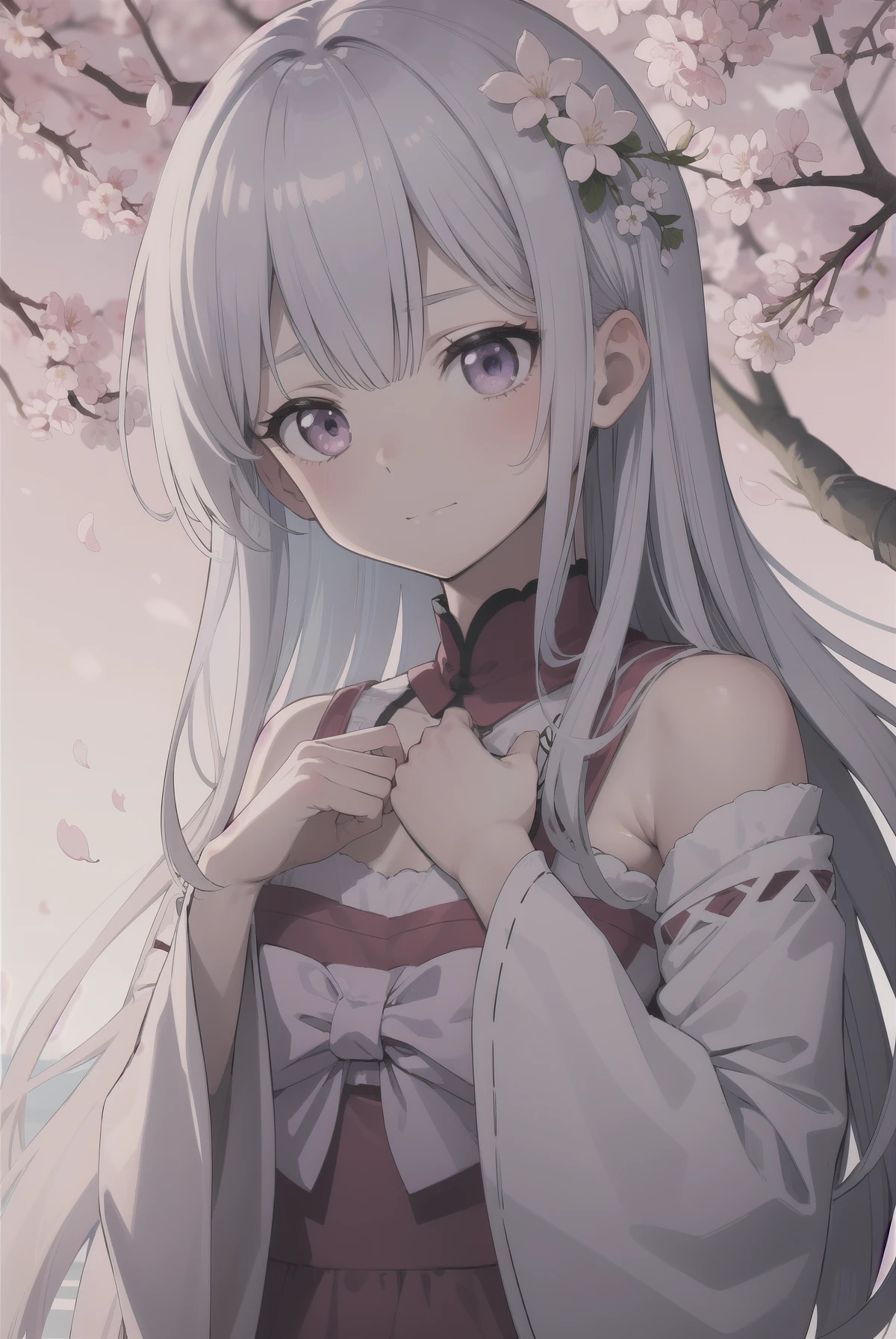 beautiful anime girl, platinum silver hair, long and slightly wavy, soft pink-purple eyes with jewel-like highlights, gentle smile, wearing fluffy white and pink floral accessories, cherry blossom hair wreath, surrounded by delicate sakura petals, pastel pink background, soft lighting, ethereal and dreamy atmosphere, ultra detailed, high resolution, anime style, spring fairy aesthetic, calm and innocent expression
Negative Prompt (optional):
ugly, low quality, extra limbs, blurry, deformed, poorly drawn face, dark atmosphere, sad expression, bad anatomy