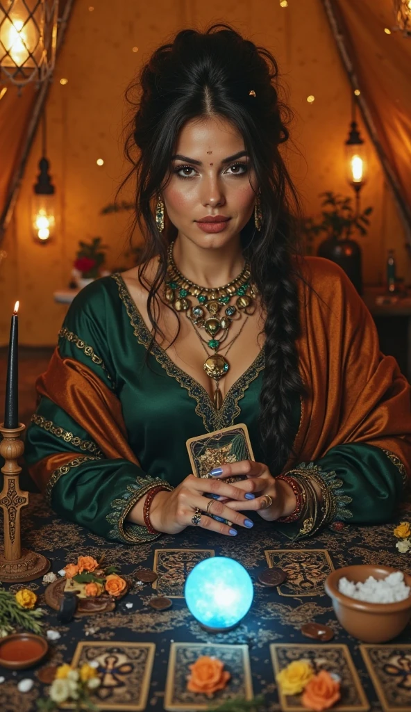(medium full shot) of (mystical fortune teller) young woman, arabian, tan skin, jade green eyes, normal build, medium hazel dutch braid hair, wearing a velvet cloak , deep purple fitted vest with decorative elements, bohemian skirt, loafers with decorative details, smoky eyeshadow, tarot cards, gemstone rings,  set in  a bustling fair, with colorful tents, vibrant lights, a lively atmosphere, a mystical fortune tellerâs booth, during twilight, woman smiling, Masterpiece,best quality, photo, realistic, very aesthetic, detailed face,