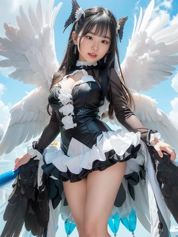 Lori, Leprechaun、Black hair: long, Blue eyes, Small breasts, vests, garters, Hair Accessories, Seductive smile, Gaze, Head tilt, behind arms, (slim), (thin legs: Open legs), high detailing, Best Quality, masutepiece, Detailed ice, cumulonimbus clouds, beautiful details glow, Ice Crystal Texture Wings