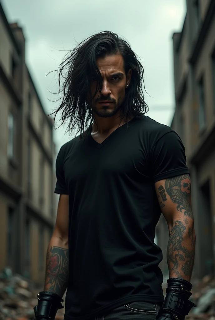 Sexy male with gray eyes and long black hair, Beautiful and delicate facial features, muscular and toned body, He is wearing a black tank top and shiny black leather jeans.. His skin is pale and white, and、I'm sitting on the edge of the rooftop smoking a cigarette. He looks unhappy. (male) (Black and purple) (Be realistic) ((No beard)) ((No body hair)) ((dark atmosphere)) (Smoky atmosphere)) ((masterpiece)) (dark) ((detailed)) ((Looking down at the camera))