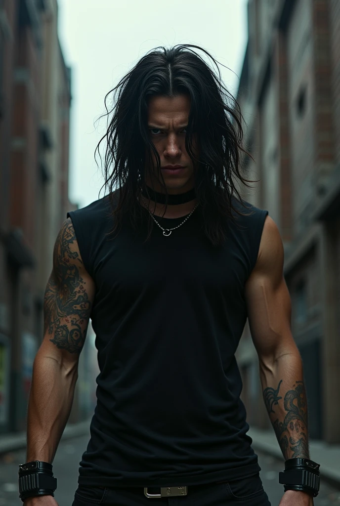 british young man,vampire man,black haired man,young man,19 years old,long hair,long straight hair,dystopian urban settin,grey t-shirt,skinny body,the matrix style,tactical shoulder holster,tactical gears