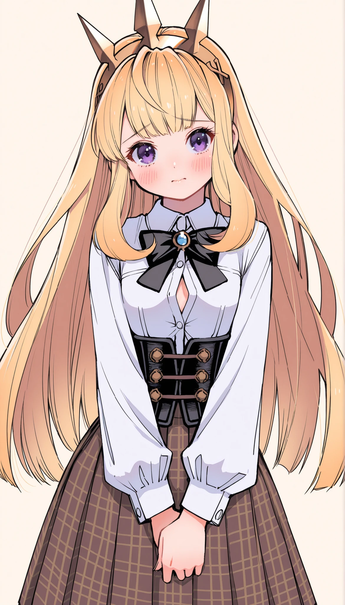 (by kaneni, by geshumaro), 1girl, solo, cagliostro (granblue fantasy), blonde hair, gold hairband, spiked hairband, purple eyes, white dress shirt, long sleeves, button gap, black bowtie, flat chest, petite, black corset, long skirt, plaid skirt, pleated skirt, brown skirt, standing, upper body, v arms, three quarters, looking at viewer, calm, beige background, masterpiece, best quality, amazing quality