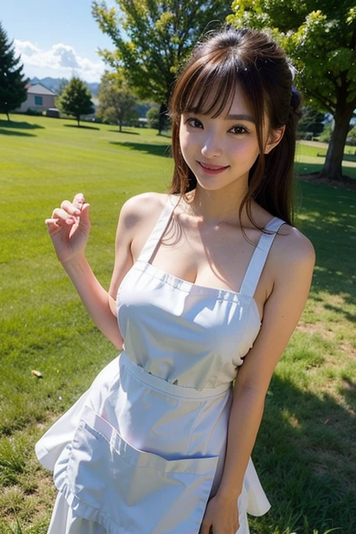 (masterpiece: 1.3), (8k, Realistic, RAW Photos, Highest quality: 1.4), (One Girl), Beautiful Face, (Realistic Face), (Brown long hair: 1.3), Bodysuit, Ruffle skirt, Ankle strap heels, Pouch bag、Beautiful Hairstyles, (bangs), (smile), smile, Realistic eyes, Gloss, highlight, highlight in the Eyes, Sunflower field、eyelash, Beautiful details in the eyes, (Realistic Skin),Slightly large chest、Beautiful Skin, Transparency, bust, smile, teeth, Confused, charm, 超High resolution, Ultra-realistic, High resolution, Golden Ratio, Clear eyes, Wet, Mole, Looking into the camera, ear, Shine, Long neck, double eyelid, Big eyes, cheek, kind character, charm personality, kind, Move, 圧倒的なcharm, bright personality、bustling street、(Reaching out towards the viewer)