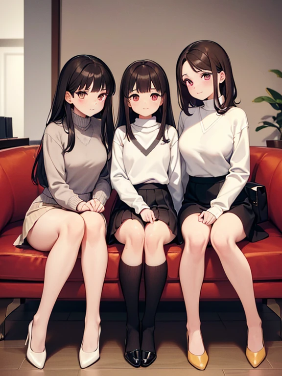 (Masterpiece, top quality, high resolution, realistic photo, realistic looking skin:1.1),
(Three women are sitting on an office couch:1.5),
(The first is 25 years old with short black hair, a long-sleeved knit with a V-neck, a white flared skirt and white pumps:1.8),
(The second is 22 years old with long black hair, a crew-neck long-sleeved knit, a black flared skirt, and black pumps: 1.8),
(The third is 23 years old with medium brown hair, a turtleneck long-sleeved knit, a red flared skirt and beige pumps:1.8),
(All three are dressed in office casual clothing:1.8),
(The location is a couch in an office break room:1.5),
Full-bodied Esbians, beautiful eyes, glowing eyes, glowing thighs, NSFW.