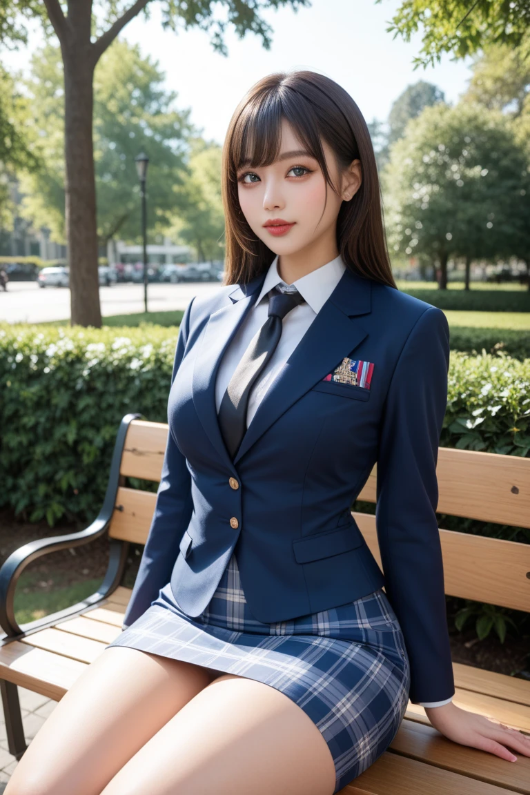 ulzzang -6500-v1.1, (Raw photo:1.2), (Photorealsitic), (Real:1.4), Classy elite girl sitting on a park bench, wearing japanese school uniform, Ultra-realistic pantyhose:1.3、japanese girl school uniform, Japan school uniform, wearing headmistress uniform, Young Pretty Gravure Idol, photograph taken in 2 0 2 0, dressed as schoolgirl, Wearing school uniform, Wearing a strict business suit, Young skinny gravure idol, Seifuku