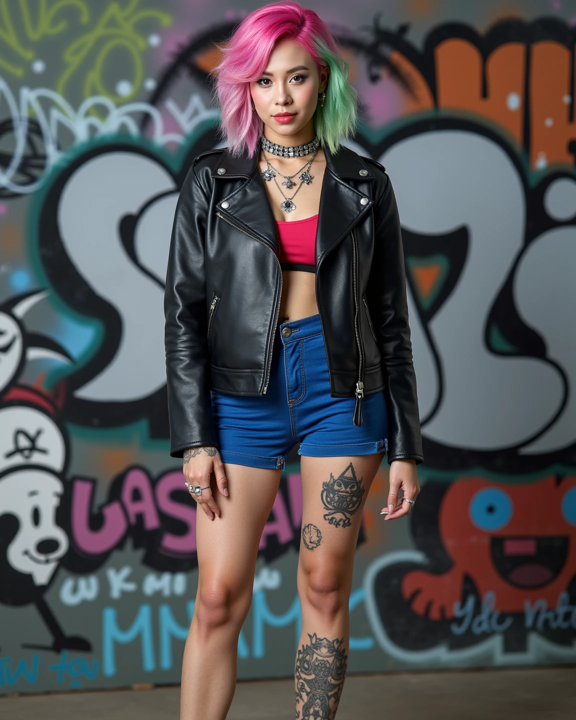 full-body, hardcore-punk wet woman, (latin american:1.3) tanned, on a yatch, Swimsuit, Punk-themed T-shirt, Denim shorts, Spiked accessories, bracelets, choker, Bold sunglasses, chunky sandals, Body piercings, punk hairstyle, Punk-themed tattoos, Fishnet stockings, (big boobs:1.1)