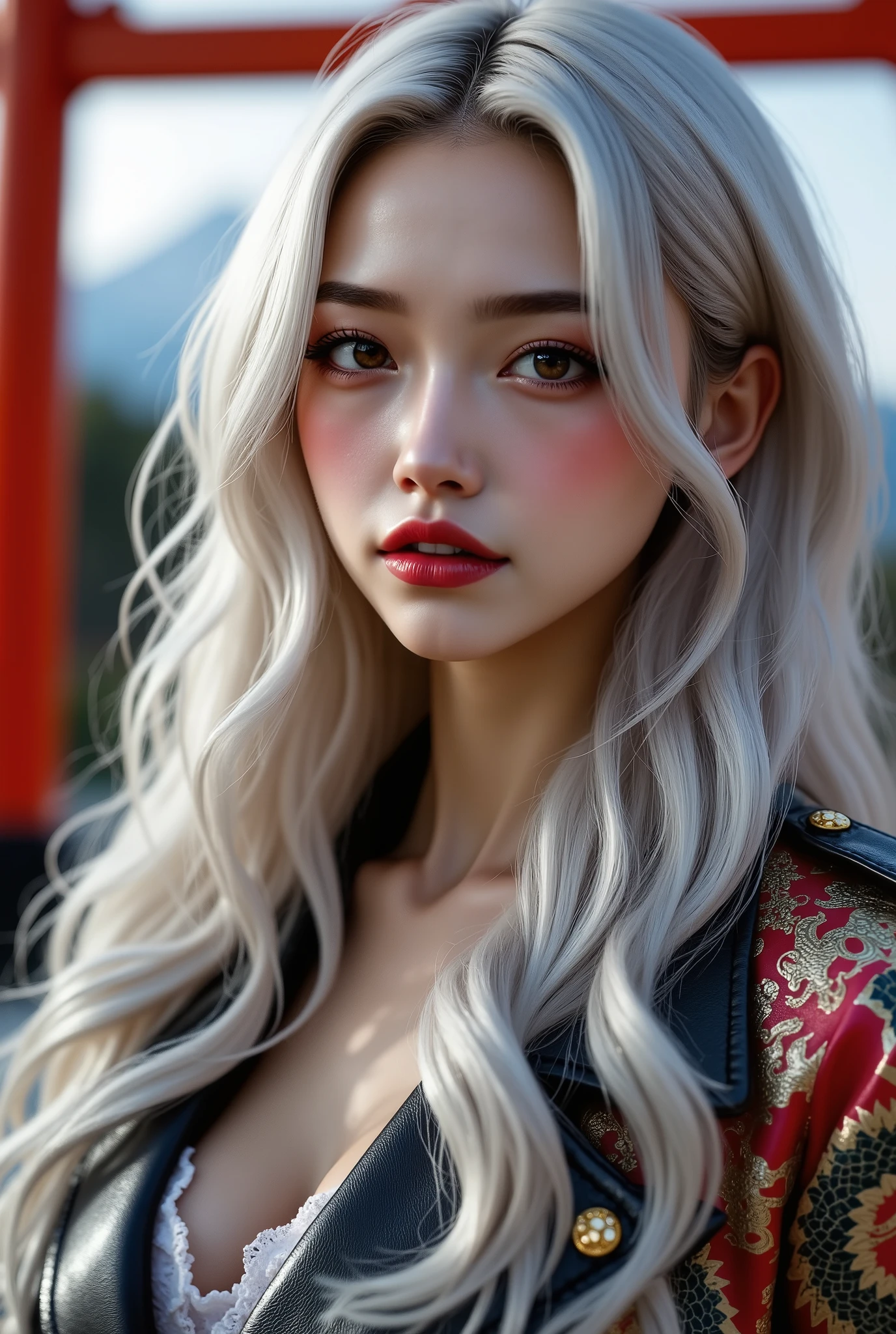  [Style: - "8k, masterpiece, realistic, Photorealistic realism, Hyper high resolution" - "highest quality, intricate ultra-detailed digital art"] (Key Directive: - "The priority is the anatomical accuracy and texture of the materials" - "Ultra-sharp human eyes with biological accuracy") {Character: "full body shot , beautiful girl , perfect female body , full bodyesbian , ((Beautiful long legs in good style:1 . 35)) ((no bra , no panties:1 . 3)) (medium butt) (skinny body build) (perfect hot model body:1 . 4) ((slim belly: 1 . 2)) (muscular body) (firm and full breasts:1.4)]" | Face: "full lips, pink lipstick, intense gaze" | Eyes: - "((sharp focus, no blurry eyes, Hyper absurd quality, Hyper details, Hyper realistic brown eyes:1.3))" - "((extra narrow eyebrows))" - "(Carefully draw Long blue_mascara:1.2)" - "(perfect round eyes)" | Hair: "long hair, white hair, curls at the ends of the hair, hair above one eye(((slicked to the on side)))" | Pose: "elegant pose" Outfit: [Top: "modest office suit , (multicolored leather ((inprinted shiny textur Japanese dragon))] [white lace undershirt:1.4"] Environment: "((Mt. Fuji tori))" Lighting: "studio lighting, monochromatic, striking contrast, dramatic shadows" (Rendering engine: "Unreal Engine 5 path tracing, 16K texture maps") | The ultra-Highres,Unreal 5,Subsurface scattering,PBR Texturing,Post-Processing,Anisotropic Filtering,depth of fields,Maximum Sharpness and Sharpness,multi-layered texture,Albedo and Specular maps,Surface Shading,Precise simulation of light-material interactions,perfectly proportions,Octane rendering , Two-tone illumination , Wide Aperture , low ISO , white balance , The rule of thirds