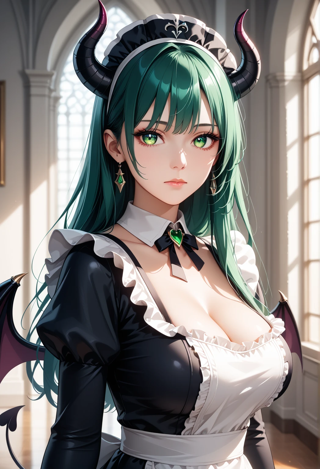 She is wearing a maid costume/Batman/Spiderman/Kamen Rider, the costume is black with white parts/built-in weapons, several bandits are watching her inside the houses that are inside the dark alley she is in/night/moon full, she is fully attentive, looking at the viewer, smiling, costume/face/bloody, 1woman/mohawk green hair/blue eyes, Anime style, Masterpiece Max/resolution/quality/detail/sharpness, well designed, extremely beautiful, professional design.