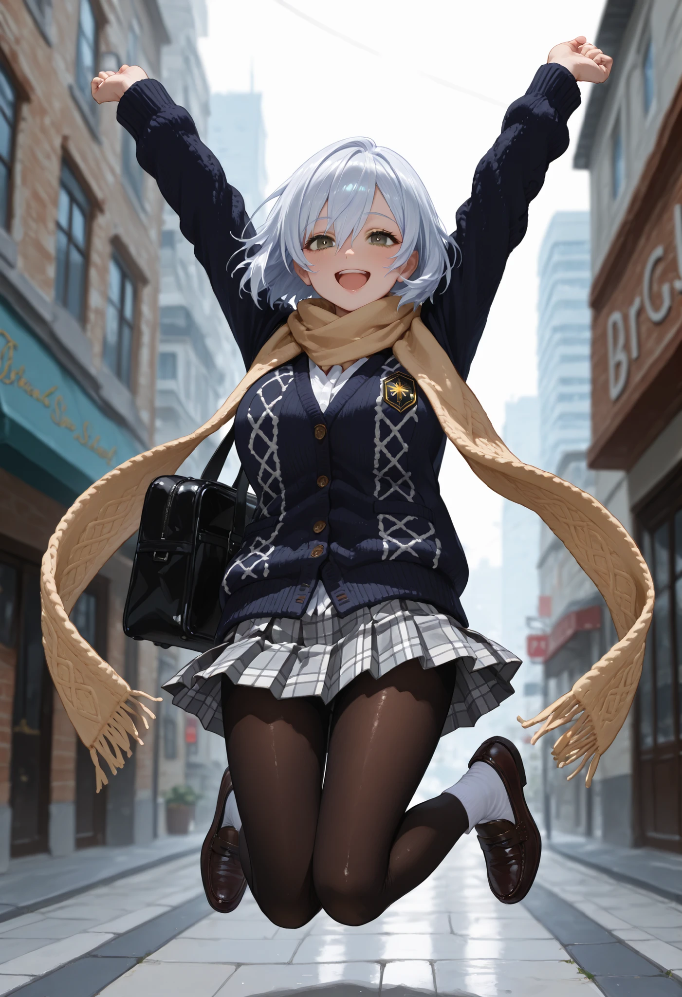 jumping, arms up, full body, masterpiece, best quality, amazing quality, very aesthetic, high resolution, ultra-detailed, absurdres, newest, scenery, BREAK, depth of field, volumetric lighting, (masterpiece, best quality, absurdres, detailed,perfect quality, amazing quality, very aesthetic, absurdres, newest, ultra-detailed:1.2), extremely detailed, modern, very awa, crisp, sharp, beautiful eyes, fine textures, clean skin, 1girl, 18yo, BREAK ((silver hair:1.5),bob cut, bang between eyes), ((glossy silver eyes:1.5)), (cute eyes, tareme, twinkle eyes), (large breasts), cute face, beautiful face, pretty face, beautiful, good anatomy, long eyelashes, expressive eyes, Perfect Hands, happy, smile, glossy lips, perfecteyes, BREAK 1girl, (Wear a dark-navy cardigan over school uniform and exposed only skirt-hem:1.4), (black and white plaid-pattern pleated skirt:1.1), ((dark-brown pantyhose, loafers):1.2), BREAK (plaid-pattern knitted white long scarf:1.4),mini skirt, white socks, loafers, holding a black school bag, BREAK 1girl, morning, sunny, daylight, city, street, (jumping :1.5), cute pose, laugh, happy. BREAK soft lighting, (masterpiece, best quality), (cute, 8K, perfect lighting, perfect anatomy), absurdres, (best quality), (ultra-detailed:1.2), high res, very aesthetic, ultra-detailed, cinematic, masterpiece, best quality, sharp outline, detailed eyes, high gradient eyes, high definition eyes