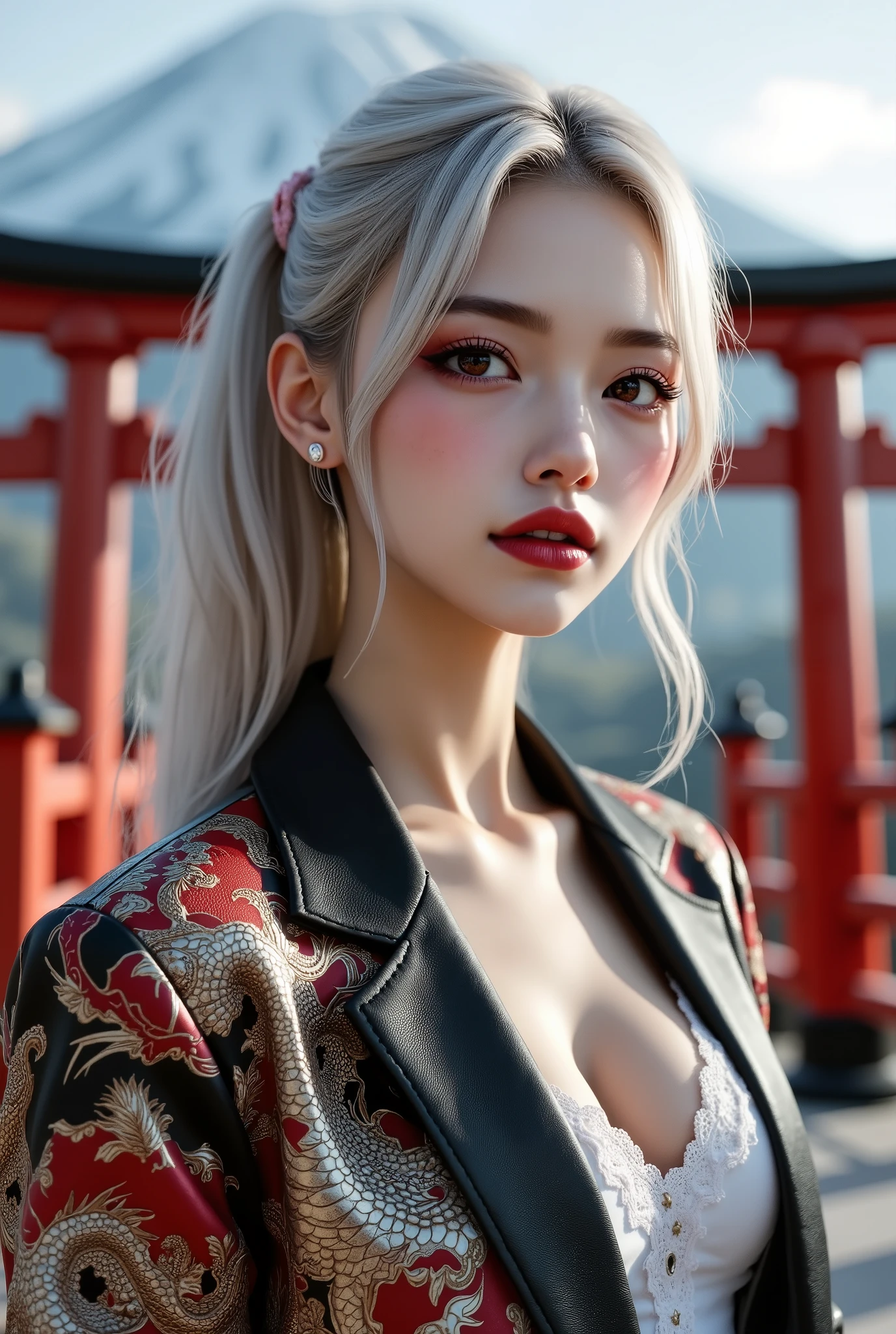  [Style: - "8k, masterpiece, realistic, Photorealistic realism, Hyper high resolution" - "highest quality, intricate ultra-detailed digital art"] (Key Directive: - "The priority is the anatomical accuracy and texture of the materials" - "Ultra-sharp human eyes with biological accuracy") {Character: "full body shot , beautiful girl , perfect female body , full bodyesbian , ((Beautiful long legs in good style:1 . 35)) ((no bra , no panties:1 . 3)) (medium butt) (skinny body build) (perfect hot model body:1 . 4) ((slim belly: 1 . 2)) (muscular body) (firm and full breasts:1.4)]" | Face: "full lips, pink lipstick, intense gaze" | Eyes: - "((sharp focus, no blurry eyes, Hyper absurd quality, Hyper details, Hyper realistic brown eyes:1.3))" - "((extra narrow eyebrows))" - "(Carefully draw Long blue_mascara:1.2)" - "(perfect round eyes)" | Hair: "long hair, white hair, curls at the ends of the hair, hair above one eye(((slicked to the on side)))" | Pose: "elegant pose" Outfit: [Top: "modest office suit , (multicolored leather ((inprinted shiny textur Japanese dragon))] [white lace undershirt:1.4"] Environment: "((Mt. Fuji tori))" Lighting: "studio lighting, monochromatic, striking contrast, dramatic shadows" (Rendering engine: "Unreal Engine 5 path tracing, 16K texture maps") | The ultra-Highres,Unreal 5,Subsurface scattering,PBR Texturing,Post-Processing,Anisotropic Filtering,depth of fields,Maximum Sharpness and Sharpness,multi-layered texture,Albedo and Specular maps,Surface Shading,Precise simulation of light-material interactions,perfectly proportions,Octane rendering , Two-tone illumination , Wide Aperture , low ISO , white balance , The rule of thirds