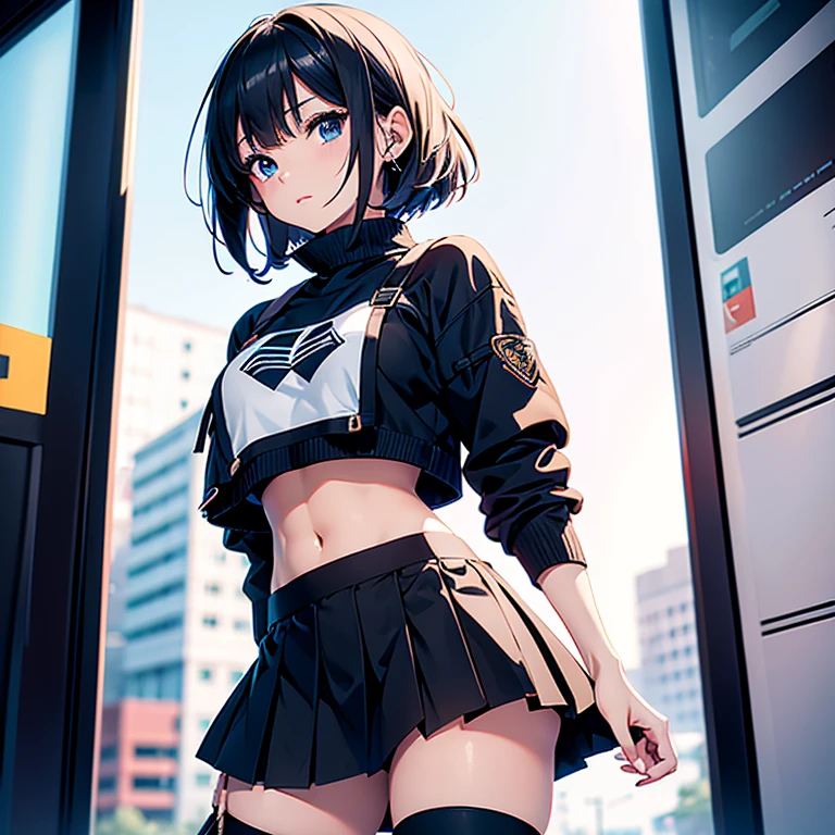 Best quality, Masterpiece, Details, Soft lighting, Bright lighting, Side lighting, Beautiful woman, Police, Miniskirt, Cool, Cool background, Angry, Navy hair, Short hair, fantastic, Full Body