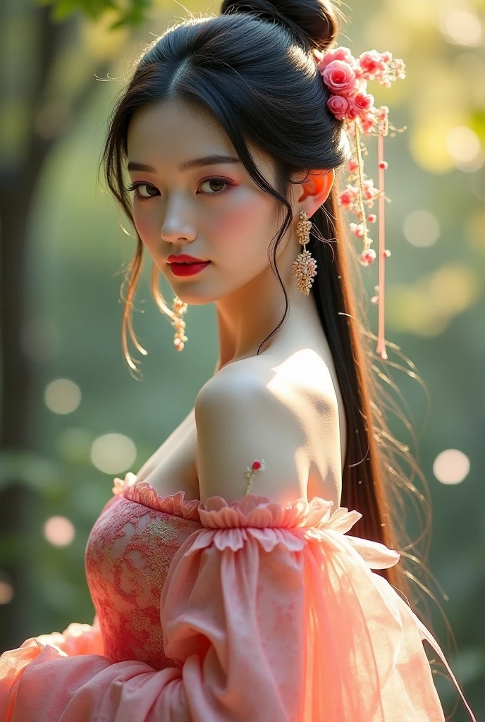 Create a beautiful Chinese woman in pink clothes with an apple on her head 