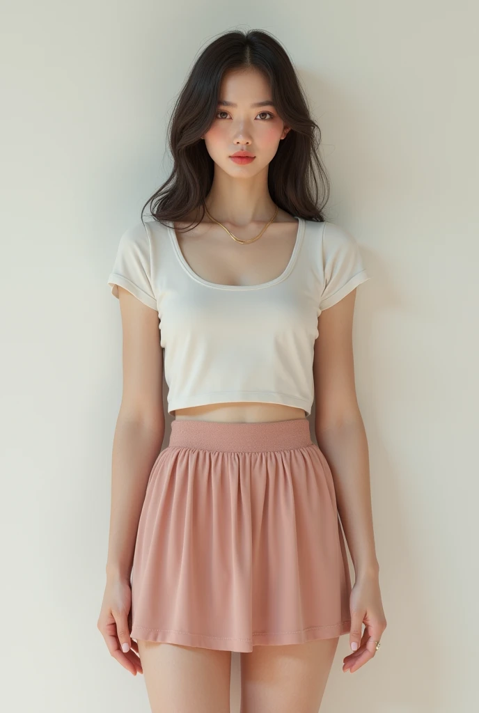 girl + pale skin + asian eyes (dark brown) + straight light brown hair + curvy body + c cup breasts + upturned nose.
white short-sleeved t-shirt + pastel pink mini skirt.