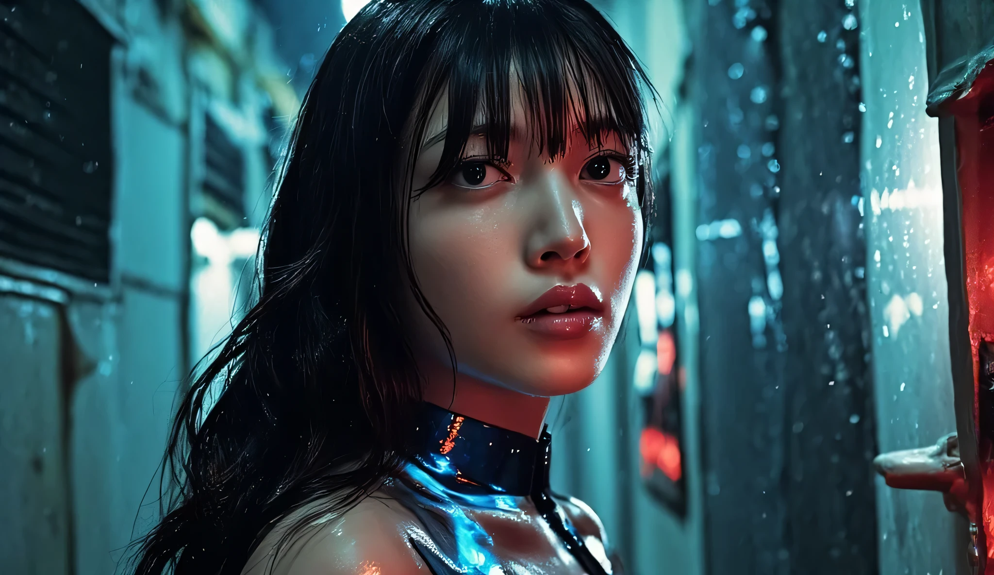 (((Back Alley on a Downpour Night:2.0))),(((HR Gigger style cyberpunk atmosphere:2.0))),(((Hold a cyberpunk-style shotgun:2.0))),((( point the muzzle at the viewer:2.0))),((squatting:2.0)),one woman,(cute face:1.7),(Beautiful well-balanced face :1.5),((long hair with bangs:2.0)),(black hair:1.5),(Beautiful Eyes:1.3),20-year-old Japanese woman wearing bright red paint all over her head,Beautiful slender body,((model body type:2.0)),((slim body:1.7)),Perfect Body Line,Ideal Proportions,((big breasts:2.0)),((スリーサイズ90-58-86:3.0)),((G Cup Breasts:1.5)),Big Breasts,Bare thighs,Sensual Thighs,delicate body,(succulent:1.7),harmonious posture,((Realistic breast depiction :1.7)),carefully depicts limbs based on perfect anatomy,((Samurai-style black translucent super high-leg leotard:2.0)),(((super high-leg leotard made of form-fitting glass:2.0))),((leotard with a transparent blue skeleton taken on an X-ray:2.0)),(((Clear blue LED skeleton:2.0))),((Tactical Holster:2,0)),(gloves:1.3),concept art,(Best Quality:1.5),(masterpiece:1.5),(超高resolution),resolution,UHD,(Delicate Description), carefully drawn with butterfly wings ,32k,((realistic skin texture that shows through the whole body:1.5)),(((super realistic:1.5))),carefully draw eyelashes,very detailed face,Highly detailed female hand, Sexy appearance ,very sensual,(Blurry Dim Backgrounds :1.5),Professional Photography,(movie lights:2.0),((Blade Runner style lighting:2.0))