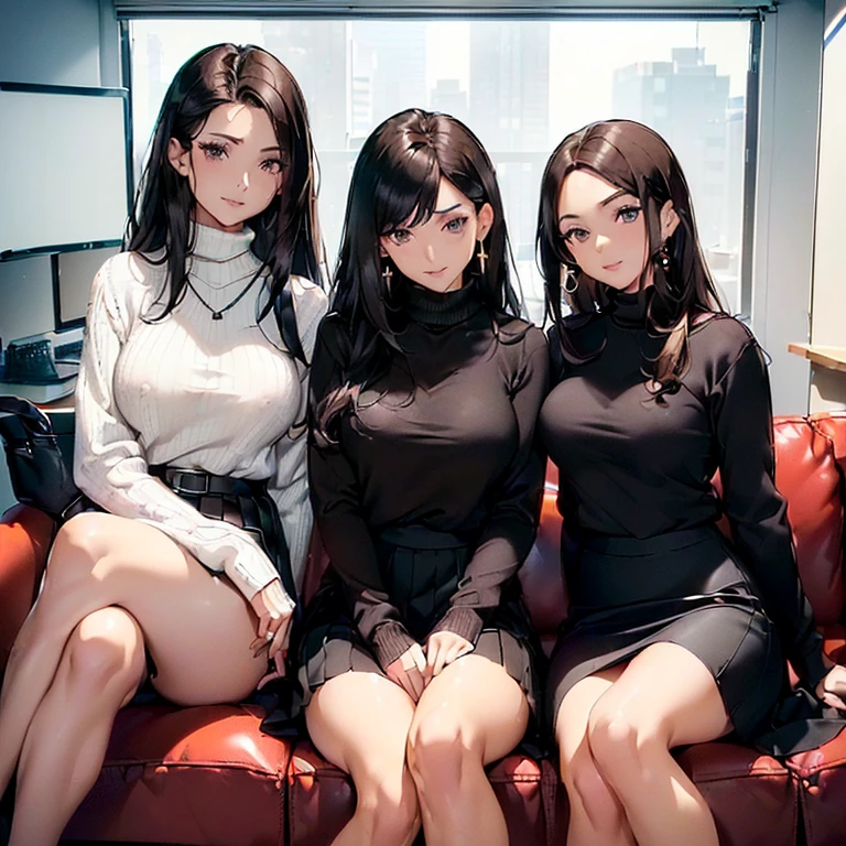 (masterpiece, best quality), best resolution, (3heads:1.5), 1girl, black hair, identical hair color, red t-shirt with long sleeves, black short pants, city skyline background,