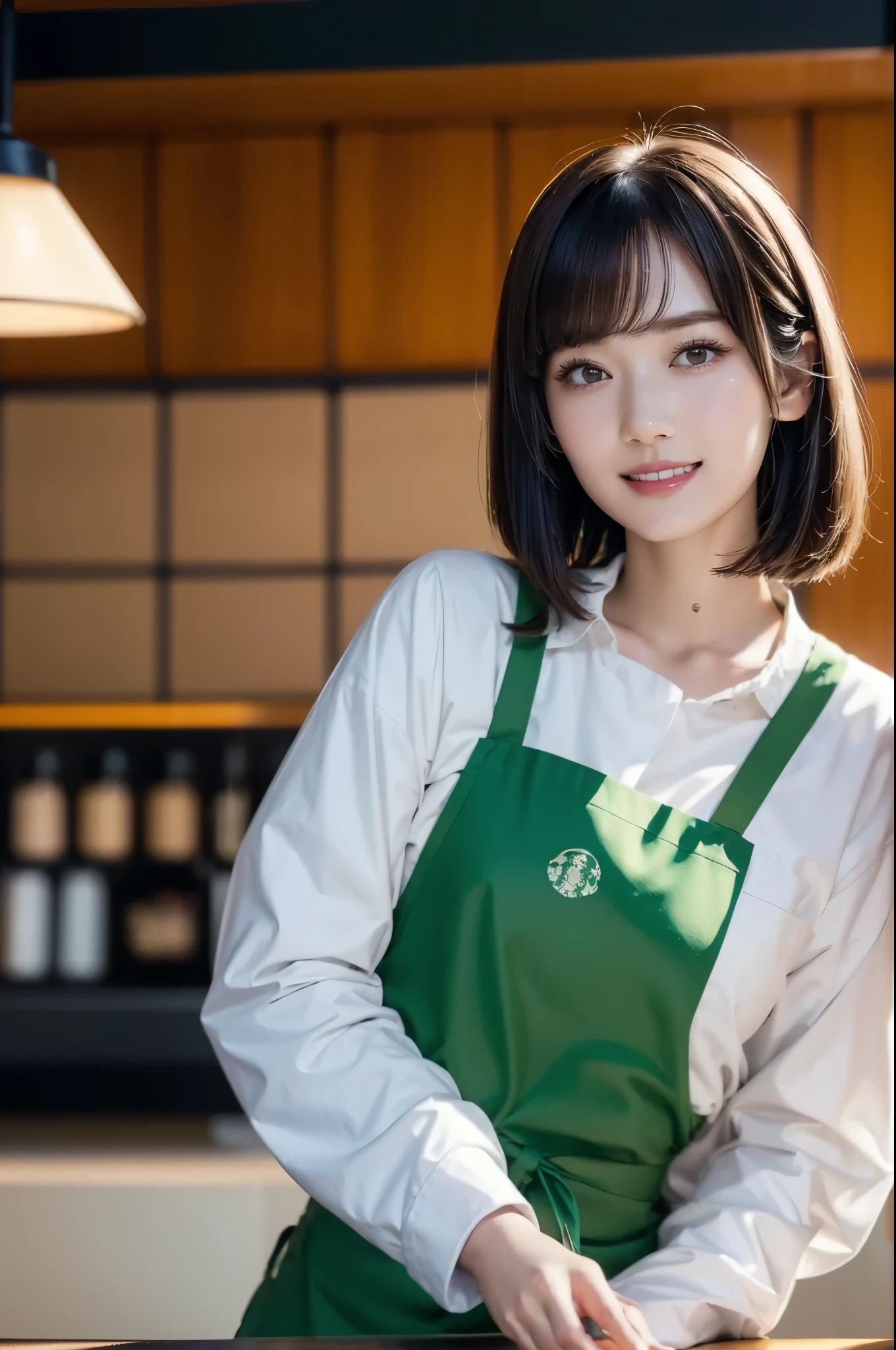 she wearing white shirt,long sleeve shirt,green apron,starbucks logo,