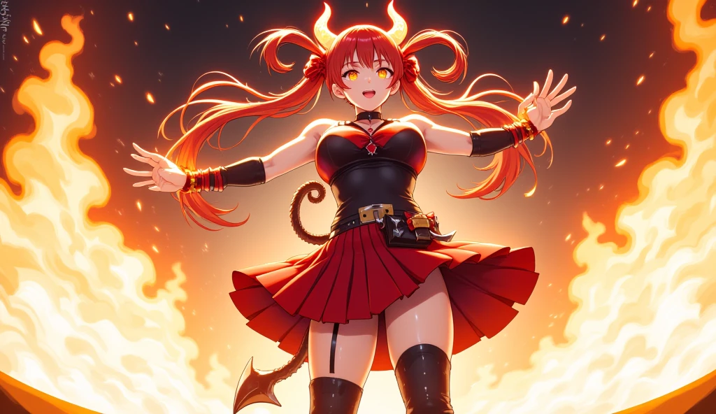 Demon engulfed in flames against the background of a volcanic eruption、Have a flaming sword、There are horns on the head、grows big fangs、red hairs、Red dress、appropriate margin、