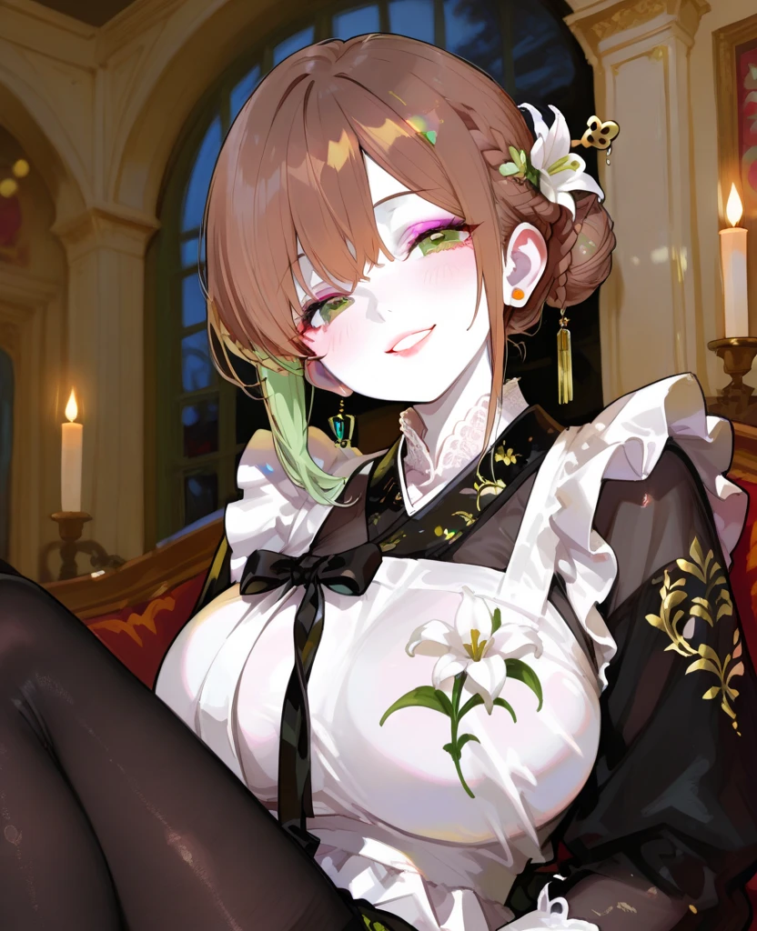 absurdres, highres, ultra detailed, HDR, master piece, best quality, perfect face, beautiful eyes, Tsurumaru, dark brown hair, messy wavy hair, expressive red eyes, Genshin Impact, solo, sexy man, handsome, horny, lewd, vampire clothes, black cape, white gloves, accessories, showing the chest, vampire, fangs, luxurious room, night, window, red curtains, petals, magical, fantasy, Nu Carnival