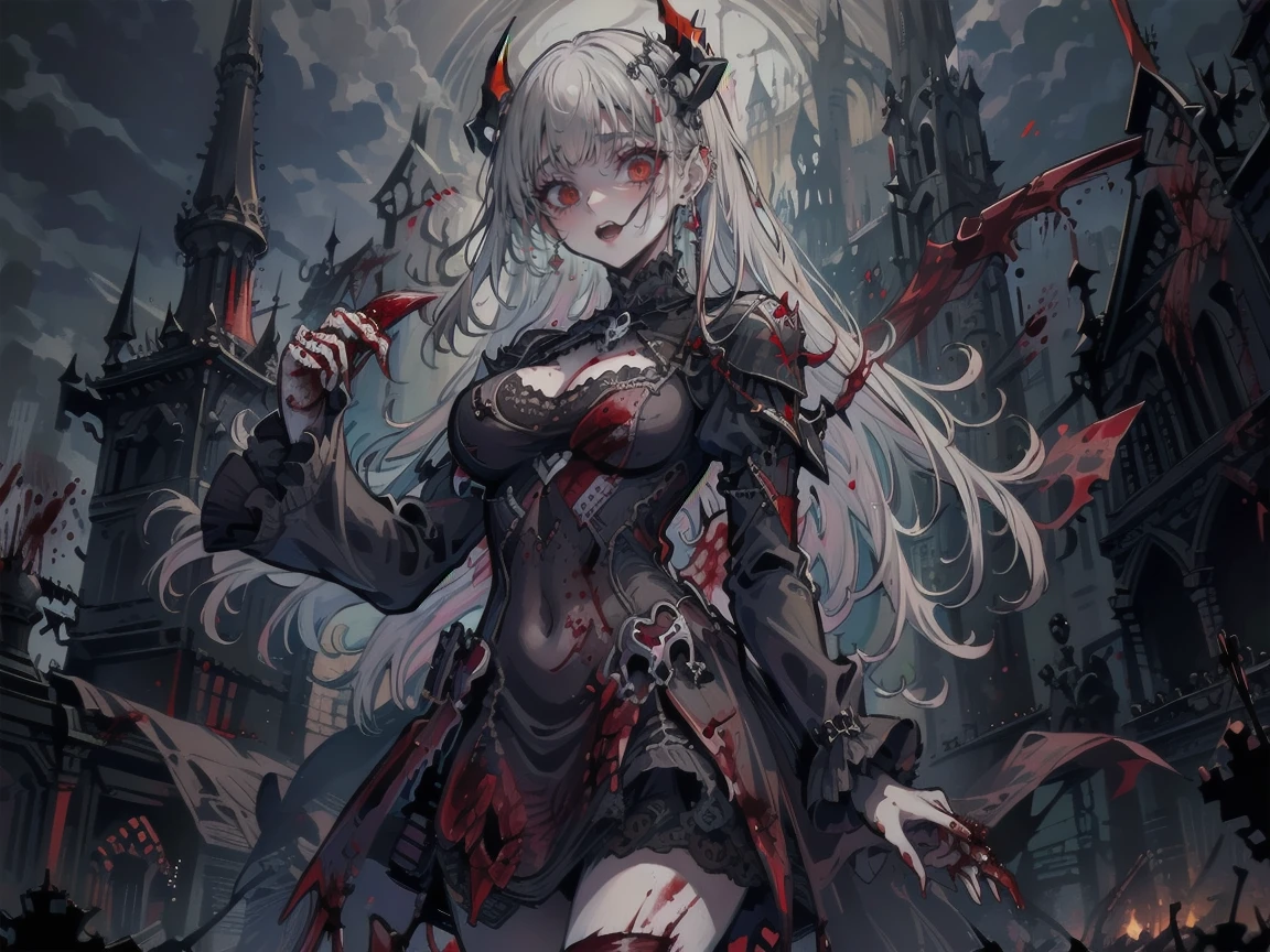 Swarms of Dark Monsterultiple skulls on the ground、周囲に複数のzombie、死んだ腐ったBloodに飢えた邪悪なzombie, Girl Venom, 黒い共to be bornto be born物が付着している, One girl, masterpiece, View your viewers, Professional, Lighting from behind, Particles of light, Gray Hair, Torn clothing, crazy, Yandere, Psychopathic, crazy expression, Licking lips, The pupils constrict, crazy smile, crazy eyes, Conceit, Gothic architecture, Big window behind the girl, Bloodまみれの, Evil look, Psychopathic, Torn clothes, Torn Costume, sexy, reveal, Combat Stance, Very detailed, Vibrant appearance, Creative Action, Very detailed, Imaginative, Sensual, Voluntary, all breasts, sexy, reveal, Highest quality, skinの質感, Intricate details, (Highest quality, masterpiece, 超High resolution), (8k wallpaper, High resolution, High resolution, to be born), (credibility: 1.4), (whole bodyショット), One Girl, ((Anime Girls)),,(Bloodしぶき:1.6), ((Fantasy Witch Costume)), ((Flowing white hair)), ,(Bloodしぶき:1.6),Female curves, Large Breasts, Thick thighs, sexyな平らなお腹, 完璧なhand, 完璧なアニメのface, ((dark lolita dress)), Are standing, ((邪悪な笑face)), ,(Bloodしぶき:1.6),Victorian cities, gaslight, Steam circulates, Moonlight Illumination, night間照明, A sky filled with stars and galaxies,(Bloodしぶき:1.6),アニメzombie魔女デザイン, ねじれた笑face、Bloodまみれの、頭からの出Blood、Bloodしぶき、,(Bloodしぶき:1.6),Crossbones, skull, Streetwear Design, Professionalテクター, Horror Style, Full Design, Huge breasts, Very detailed, Realistic, Dark fantasy, Gloomy atmosphere, Intricate details, crazyスマイル, 狂ったeye, A cute and stylish hair band,(masterpiece:1.2, Highest quality), Scary atmosphere、Distorted facial expressions、Horror Art、Bloodの雨、Bloodを流す、Bloodしぶき,(Bloodしぶき:1.6),悪魔のeye、greenいeye、scar、火scar、whole body、Torn hair of a woman dressed in slave clothing、(Long Hair)、(eyeにかかる長さの前髪)、Black Hair、(((eyeの下のクマ)))、green白いskin、Feeling unwell、Pathological、邪悪な笑face、狂ったeye、(Grin)Dramatic makeup,Create mixed media art、,Horror 1 Girl, Open_mouth, , green_eye, Blood, Tilt_red_skin, Injury, Blood_In addition_face, Bandaged_arm, Blood_In addition_zombie, Blood_In addition_hand , Open your eyelids wide, The trend is all, mouthを大きくOpen, mouthを開けてteethをむき出しにする,獣のような鋭いteeth, Wide lips, 非常に広いmouth, Vermilion cheeks, blonde, ,(Bloodしぶき:1.6),Princess Cut, Ribbon hair ornament, brooch, Otaku Room, Well-built body, Nice body, Ample breasts, Thick body,eyeを大きく開いて、Scary atmosphere、Distorted facial expressions、ねじれた笑face、Bloodまみれの、頭からの出Blood、Bloodしぶき、whole body、,(Bloodしぶき:1.6),Long Hair、Long bangs、Well-built,Broad shoulders,I focus,(face),Messy Hair,いeye,(光るeye),green信号,笑face,big 笑face,teeth,psycho 笑face,gesugao,Dark city background,darkness,night,(close),良いeye, 良いteeth,サディスティックな笑face,,all,光沢のあるskin,詳細なface,Beautiful body, mouthからの白い息 Luxurious lace long gloves、A charming Western alley、Gothic architecture、Western architecture、Fantasy World、