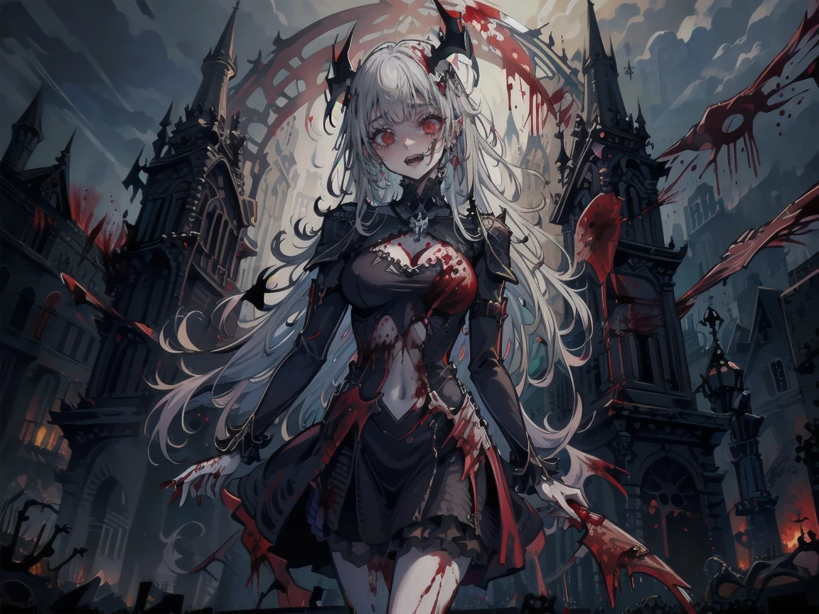 死んだ腐ったBloodに飢えた邪悪なzombie, Girl Venom, 黒い共bornborn物が付着している, Bloodまみれの, Evil look, Psychopathic, Torn clothes, Torn costume, sexy, reveal, Combat Stance, Very detailed, Vibrant appearance, Creative Action, Very detailed, Imaginative, Sensual, Voluntary, Small breasts, sexy, reveal, Highest quality, skinの質感, Intricate details, (Highest quality, masterpiece, 超High resolution), (8k wallpaper, High resolution, High resolution, born), (credibility: 1.4), (whole bodyショット), One girl, ((Anime Girls)),,(Bloodしぶき:1.6), ((Fantasy Witch Costume)), ((Flowing white hair)), ,(Bloodしぶき:1.6),Female curves, Large Breasts, Thick thighs, sexyな平らなお腹, 完璧なhand, 完璧なアニメのface, ((dark ta dress)), Are standing, ((Wicked Smile)), ,(Bloodしぶき:1.6),In the Victorian city, gaslight, Steam circulates, Moonlight Illumination, night間照明, A sky filled with stars and galaxies,disaster々new devil horns,,(Bloodしぶき:1.6),アニメzombie魔女デザイン, ねじれた笑face、Bloodまみれの、頭からの出Blood、Bloodしぶき、,(Bloodしぶき:1.6),Crossbones, skull, Streetwear Design, Provector, Horror Style, Full Design, Huge breasts, Very detailed, Realistic, Dark fantasy, Gloomy atmosphere, Intricate details, Crazy Smile, 狂ったeye, A cute and luxurious hair band,(masterpiece:1.2, Highest quality), Scary atmosphere、Distorted facial expressions、Horror Art、Bloodの雨、Bloodを流す、Bloodしぶき,(Bloodしぶき:1.6),悪魔のeye、redいeye、scar、火scar、whole body、Torn hair of a woman dressed in slave clothing、(Long Hair)、(eyeにかかる長さの前髪)、Black Hair、(((eyeの下のクマ)))、青白いskin、Feeling unwell、Pathological、邪悪な笑face、狂ったeye、(Grin)Dramatic makeup,Create mixed media art、,Horror 1 Girl, Open_mouth, , red_eye, Blood, Tilt_red_skin, Injury, Blood_in addition_face, Bandaged_arm, Blood_in addition_zombie, Blood_in addition_hand , Open your eyelids wide, The trend is all, mouthを大きくOpen, mouthを開けてteethをむき出しにする,獣のような鋭いteeth, Wide lips, 非常に広いmouth, Vermilion cheeks, blonde, ,(Bloodしぶき:1.6),Princess Cut, Ribbon hair ornament, brooch, Otaku Room, Well-built body, Nice body, Ample breasts, Thick body,eyeを大きく開いて、Scary atmosphere、Distorted facial expressions、ねじれた笑face、Bloodまみれの、頭からの出Blood、Bloodしぶき、whole body、,(Bloodしぶき:1.6),Long Hair、Long bangs、Well-built,Broad shoulders,I focus,(face),Messy Hair,いeye,(光るeye),red信号,笑face,big 笑face,teeth,psycho 笑face,gesugao,Dark city background,darkness,night,(close),良いeye, 良いteeth,サディスティックな笑face,,all,光沢のあるskin,詳細なface,Beautiful body, mouthからの白い息 Luxurious lace long gloves