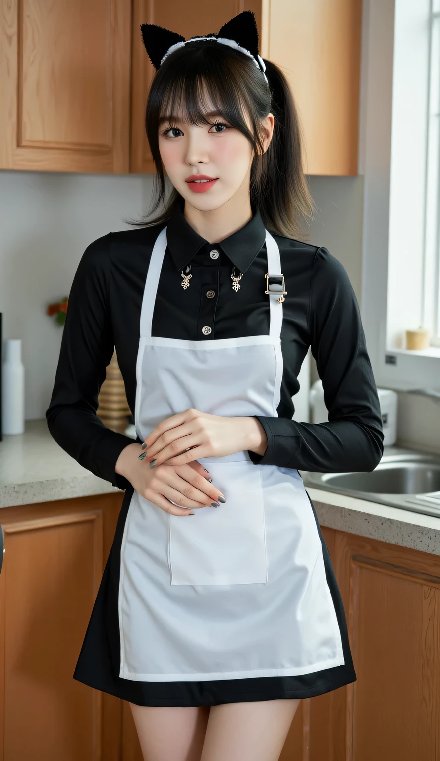 a woman, stand up straight in the kitchen, body facing front, Eyes looking at the camera, both hands folded on the stomach, use a long sleeve shirt in black, long skirt in black , long apron of white color, big , Banged hair ponytail model black color, face seductive expression, color stockings using a cat ear band with a cat's tail behind the waist,
