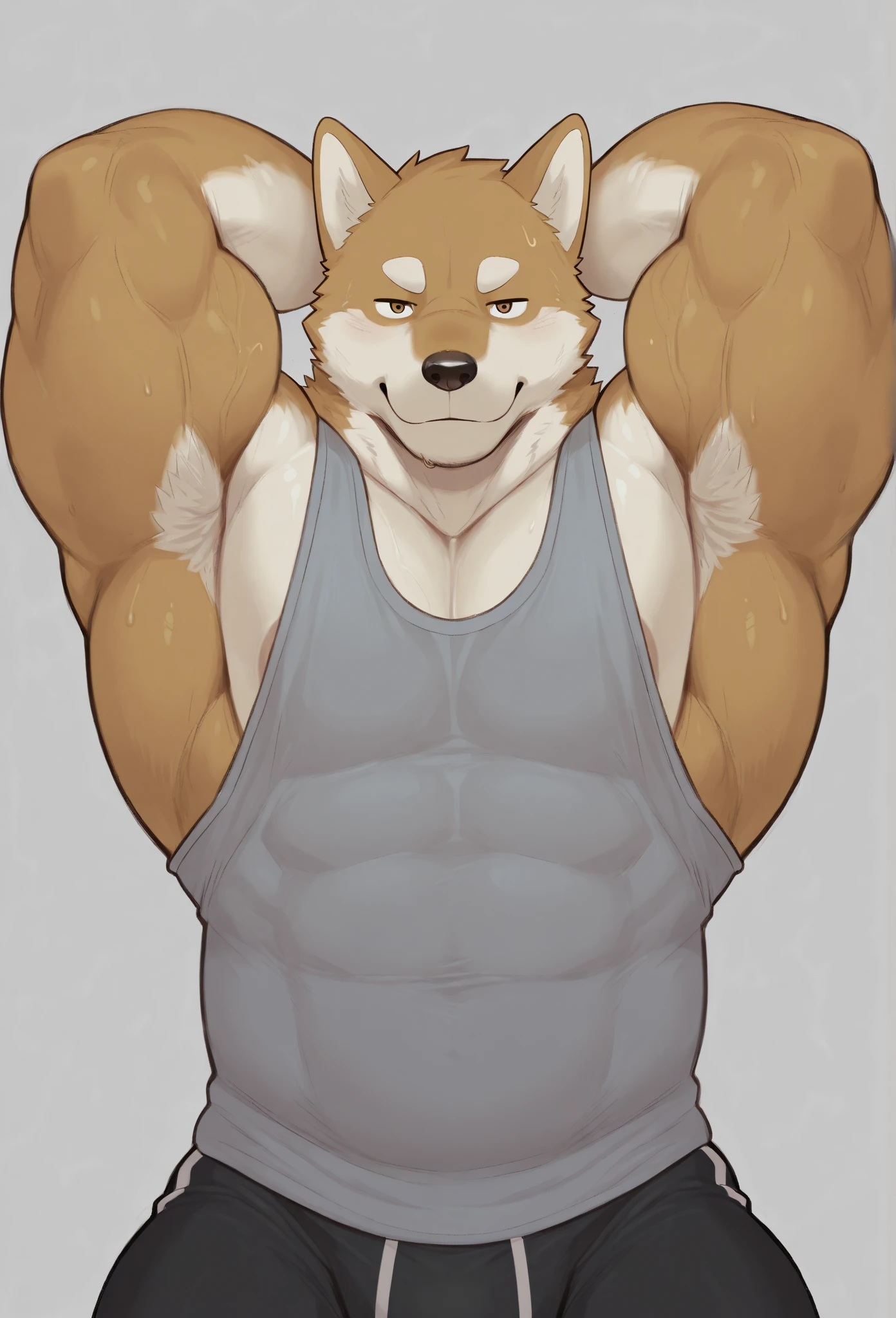 By Haps, 1boy, bara, bare shoulders, black eyes, black hair, black pants, clipboard, covered abs, covered nipples, large pectorals, male focus, multiple boys, muscular, muscular male, pants, pectorals, short hair, sidepec, tank top, whistle, whistle around neck, white tank top, Rarbbit boy, Rabbit Ears, Rabbit tail
