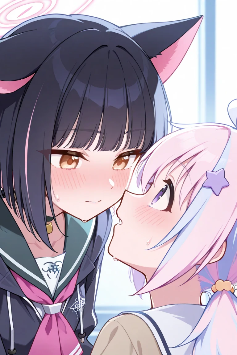 ((Masterpiece)), (High Definition:1.3), cinematic lighting, 2girl, (licking), cat ears, cute lips(super detail), saliva dripping, very blush, ((girl on the right open her eyes wide)), girl on the left close her eyes