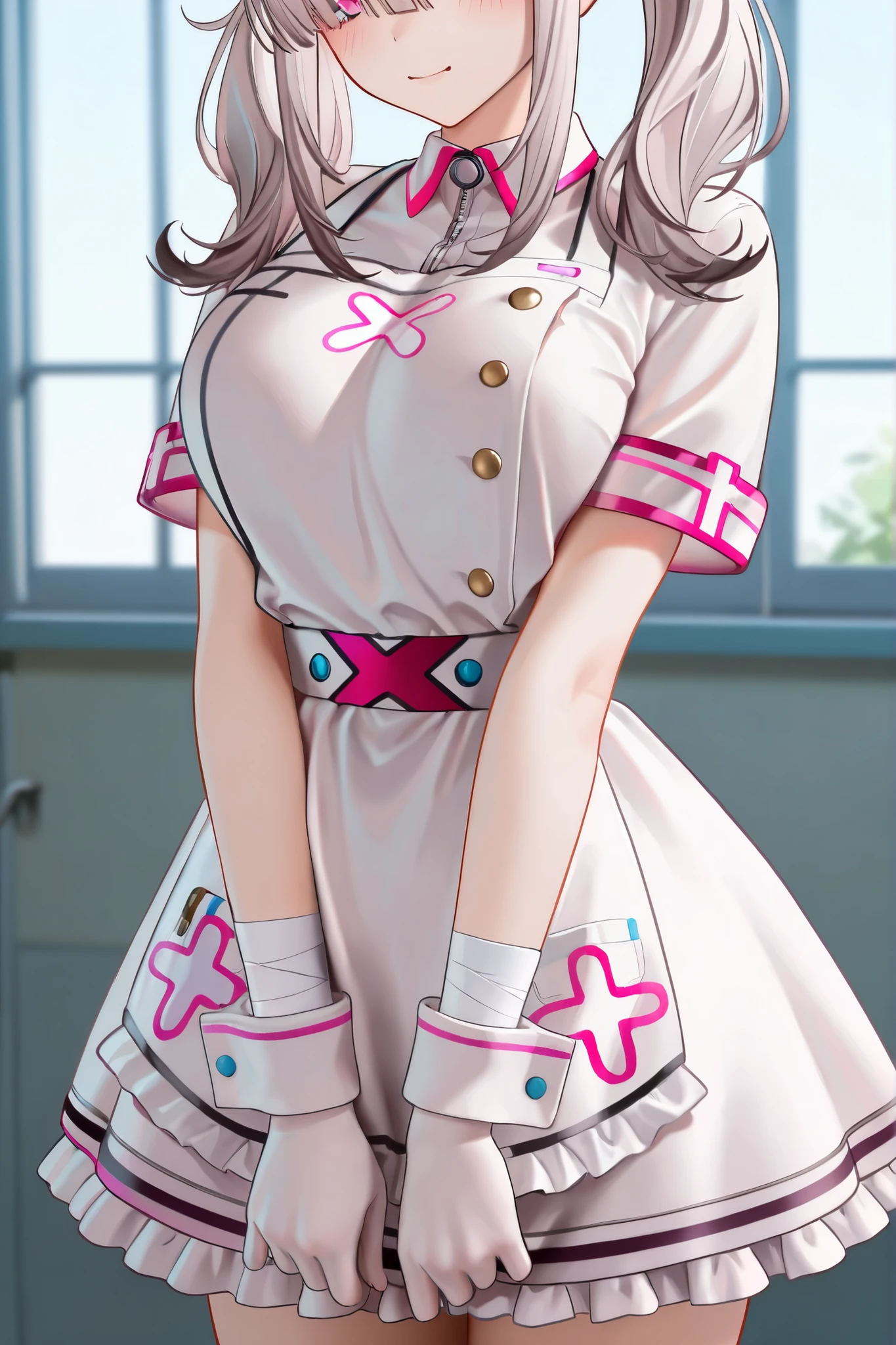 Highest quality、high resolution、High definition、HD、((hospital、Hospital room、Holding an extra-large enema syringe with both hands))、(Nitta Minami、Long Hair、Medium chest、Brown Hair、Brown eyes、Glossy lips、Glowing Skin、Realistic skin texture、(White nurse uniform、gloves))、Staring at me、Love me、blush、(Laughing with your mouth open)、(Very close to me)