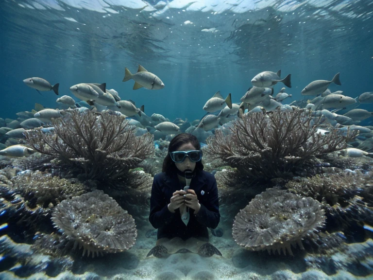 (extremadamente detallado, obra maestra, La mejor calidad, Under the Ocean), Estilo oscuro, volumetric illumination. textura de babosa, piel de caracol. manchas de tinta. Rococo composition. Luz de caravaggio