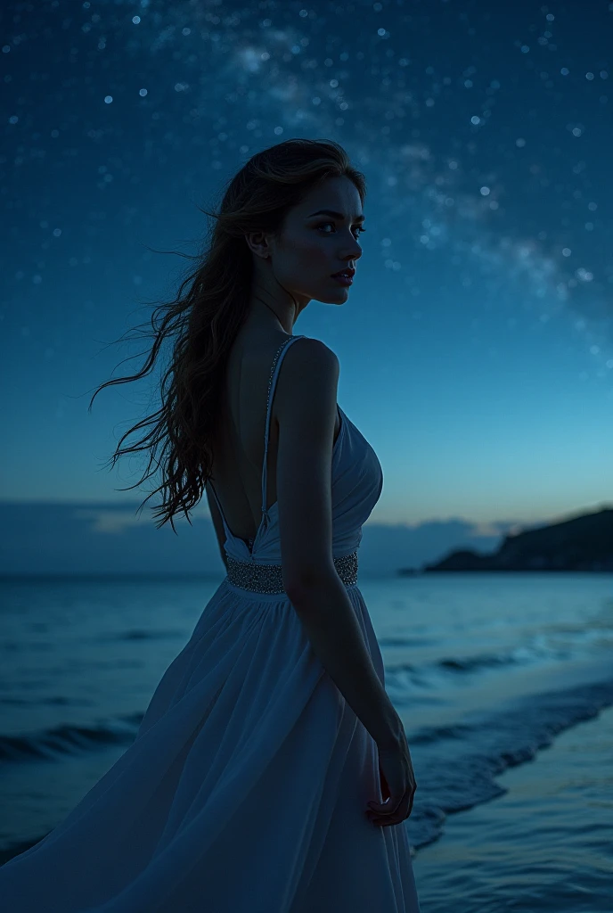 , ((masterpiece, Highest quality, Best image quality, High resolution, reality, RAW Photos, 8k)), ((Highly detailed CG synthesis 8k wallpaper)), (big、Stunning Goddess Pictures, Very hot and sexy, She's wearing a stunning sheer white dress, Stunning beauty, Perfect Proportions, Beautiful body, A beautiful, slender figure:1.4), Midnight, Stars from the observation deck々々look up, Ancient Gods々々look up青白い空, The origin of humanity, Rear View,