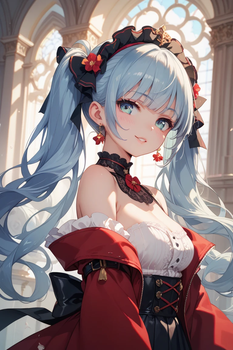 masterpiece, highest quality, Very detailed, 16k, Ultra-high resolution, Cowboy Shot, Detailed face, Perfect Fingers, , smile, Super big boobs, Golden Eyes, Blue Hair, Very Long Hair, Wave, victorian dress, (Red dress:1.5), (Fantastic Background:1.5)