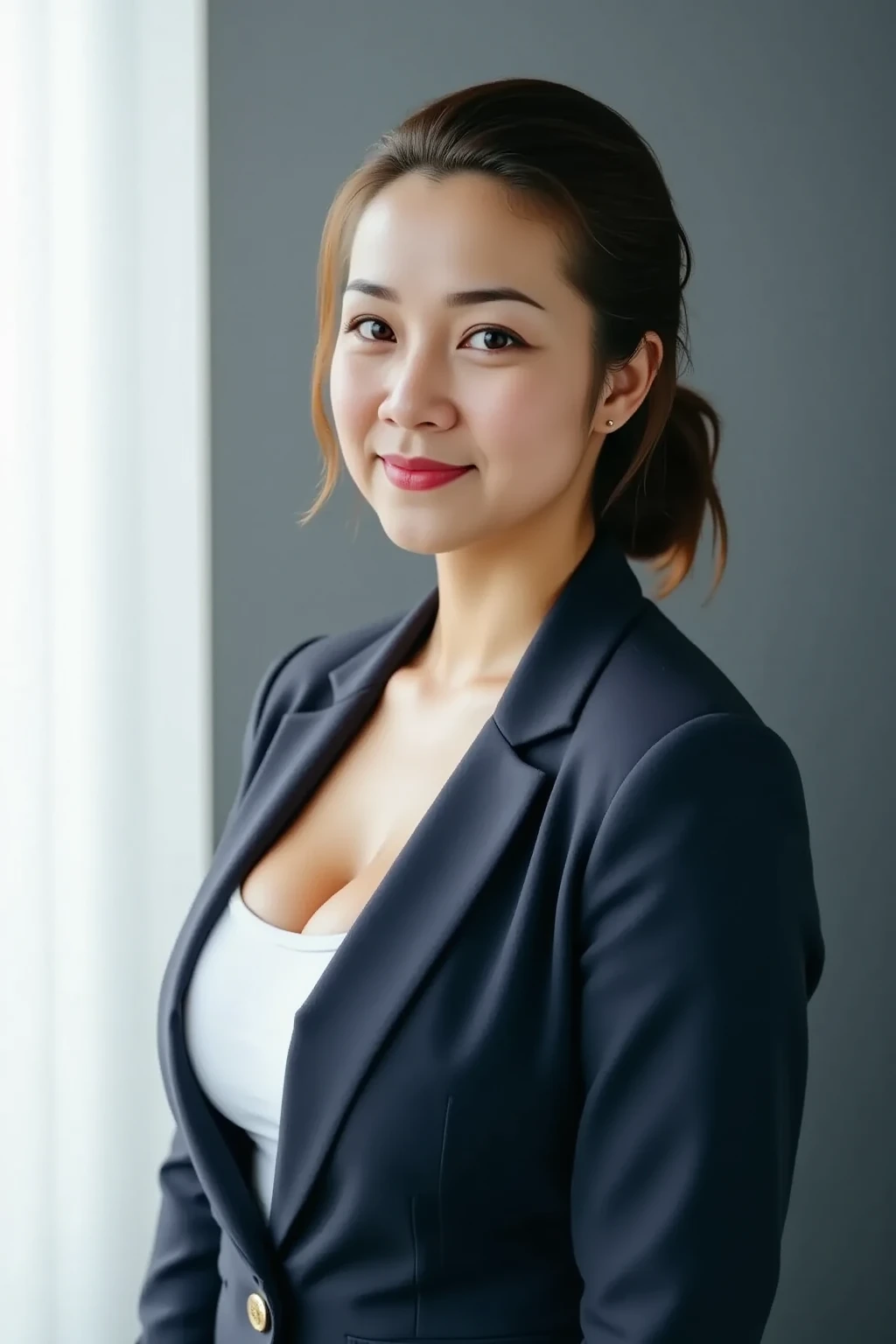 ((Best Quality, 8k, Masterpiece: 1.3)), Photorealistic, Sharp Focus, High Quality, High Definition, Portrait, Solo, Japan, Middle Aged Woman, Beauty, Clothes with Cleavage View, 43 years old, Plump, Wavy Hair, Business suit, Wrinkles at the corners of the eyes, seductive expression, Open legs, Narrow backyard, Lots of boxes, Lots of files, Dark background