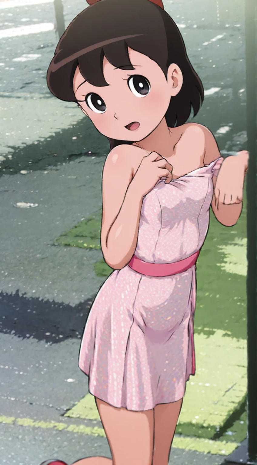 ((masterpiece)), 8k, super low angle, plano general, cinematic lighting, very messy hair, (in the street), (exposed chest, Oversized white camisole, dirty:1.9 and broken, very tattered and torn, small and thin breasts, smile and big open mouth, barefoot), harem, Slum cityscape, textured skin, drsizukachan1, dress