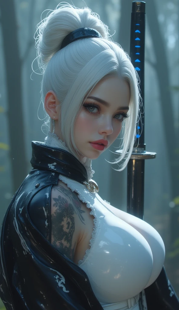 White-haired, skinny, fur shirts, tattooed female viking shaman, has glowing tattoos, ((wear leather armor)), UHD,8K, ((sexy pose, Sexy clothes)), (skin texture:1.1), (highly detailed face:1.1), Highly detailed body, Very detailed clothes), (Realistic Ultra High Definition, 8K, ultra high resolution, film grain, cinematic lighting, Rim lighting, photo about Arnie Freytag