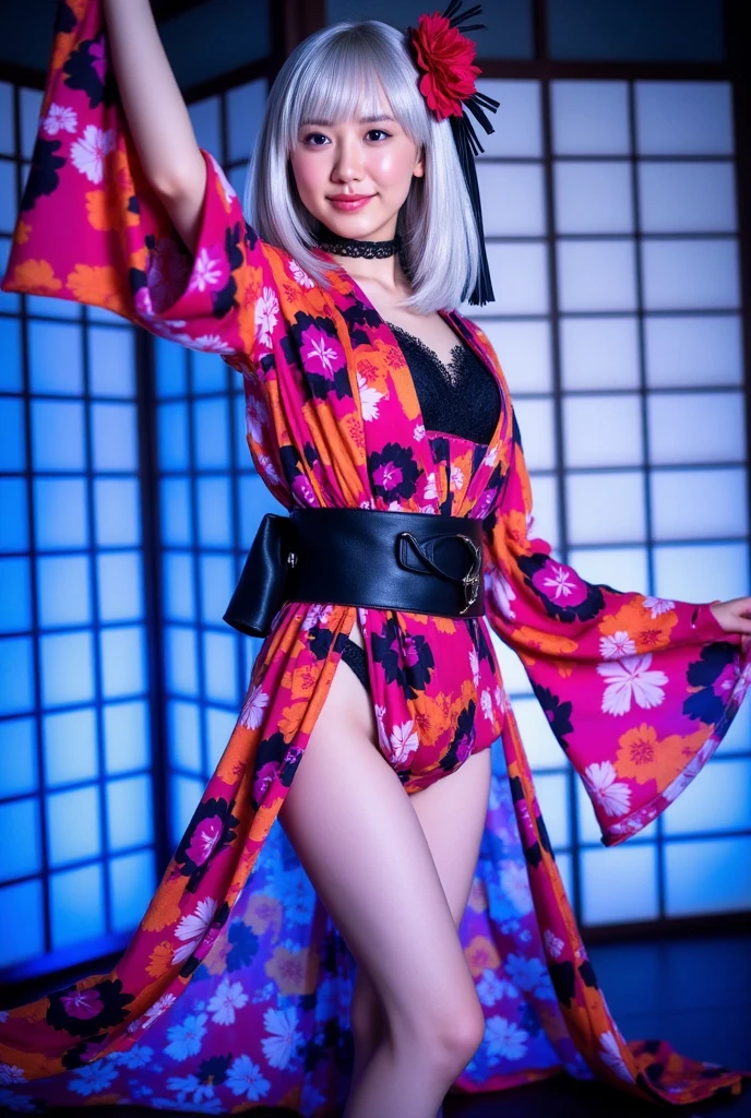 A seductive ninja warrior with lavender hair, wearing a provocative outfit that leaves little to the imagination, posing against a backdrop of traditional Japanese lanterns, softporn style.
