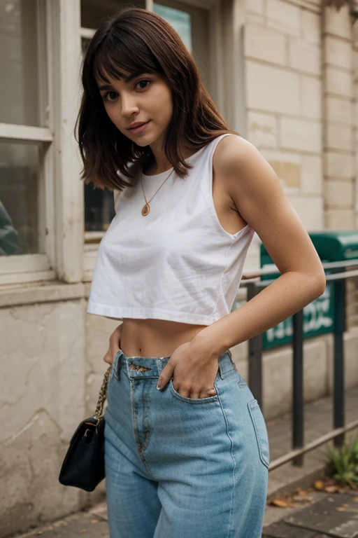une femme de 25 ans, jupette en soie, tight crop top, with a bag in hand, shopping, Provençal village lane