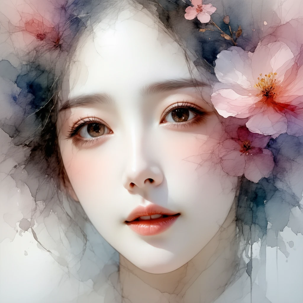 Has a long hair,Girl with flowers in her hair, Realistic cute girl painting, Kawaii realistic portrait, Guviz-style artwork, detailed portrait of an anime girl, Realistic. Cheng Yi, detailed face of a asian girl, Girl in flowers, By Li Song, yanjun cheng, A beautiful artwork illustration, Beautiful character painting, korean artist,Clear eyes,short eyelashes