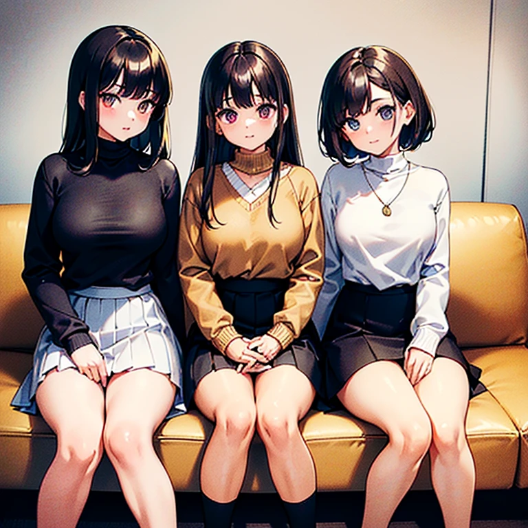 (Masterpiece, top quality, high resolution, realistic photo, realistic looking skin:1.1),
(Three women are sitting on a couch in a company break room:1.5),
(They have smiling faces:1.5),
(The first is 24 years old, wearing an off-the-shoulder knit, mini skirt, pumps and short black hair:1.5),
(The second is 23 years old, wearing a short-sleeved turtleneck knit, mini skirt, pumps, and long brown hair: 1.5),
(The third is 22 years old, wearing a short-sleeved v-neck knit, mini skirt, pumps, and has medium black hair:1.5),
(Located on a couch in a break room at work:1.5),
Full-bodied Esbian, beautiful eyes, glowing eyes, glowing thighs, NSFW