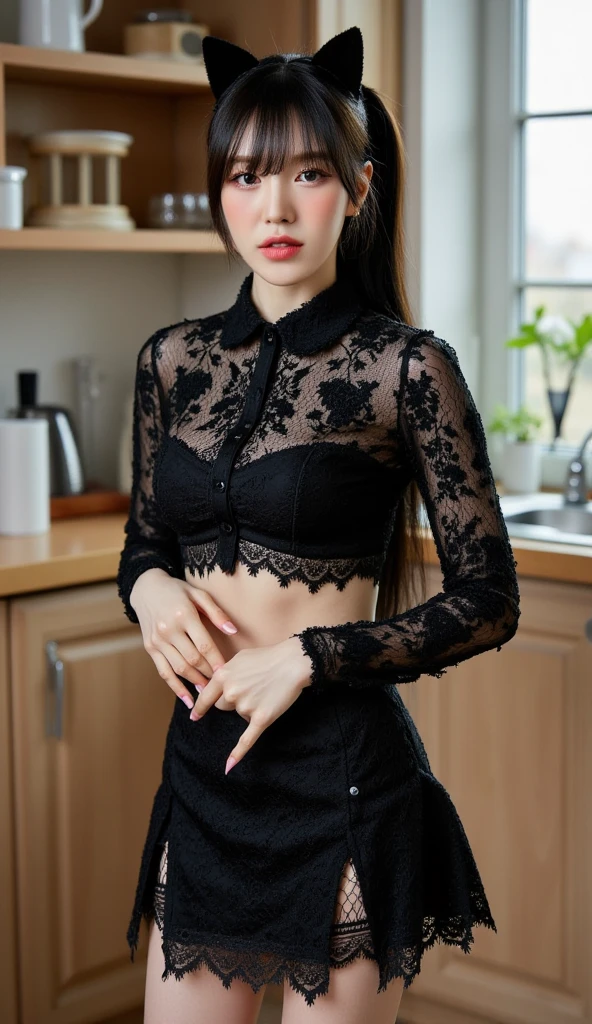 ((RAW photograph, Realistic photo, Best quality, 8K, Masterpiece: 1.3)), (raw photo:1.2), Hyperrealist portrait gorgeous Beautiful Chinese girl, young girl, 20 years old, pretty slender body, (beautiful breast: 1.2), very detailed eyes and face, (lustfully naughty face, crimson red lip, heavy makeup: 1.3, blushing), beautiful detailed eyes, seductive sharp eyes, (charming smile: 1.2), smooth white skin, photo realistic, very detailed faces, ((v-neck black lace long sleeved t-shirt, black jeans tight shorts)), (long legs: 1.2, beautiful long nails), chignon hairstyle, ((standing poses)), (home living room background)
