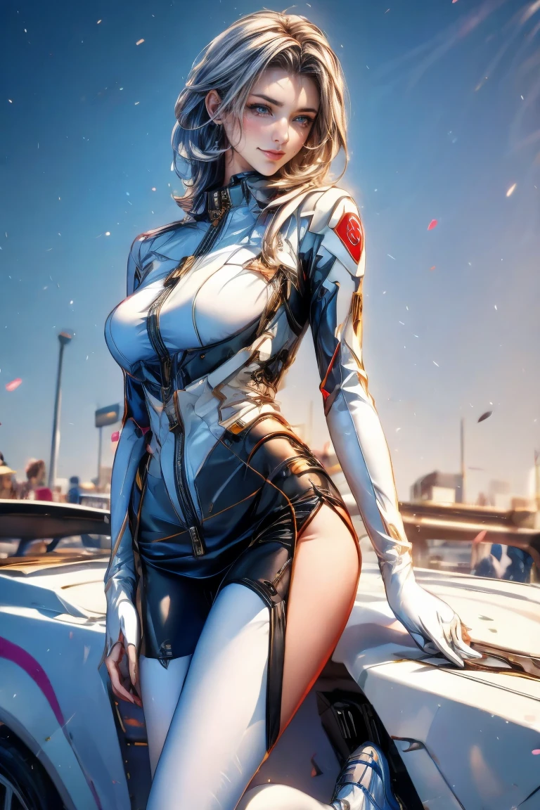 high resolution, ultra-detailed, 1girl, in spacesuit, seen from above, cosmic space, floating, satellite, running pose, Look at the audience, sparkling, space background, meat leg, white stockings, full-body shot, (masterpiece:1.4), 8K
