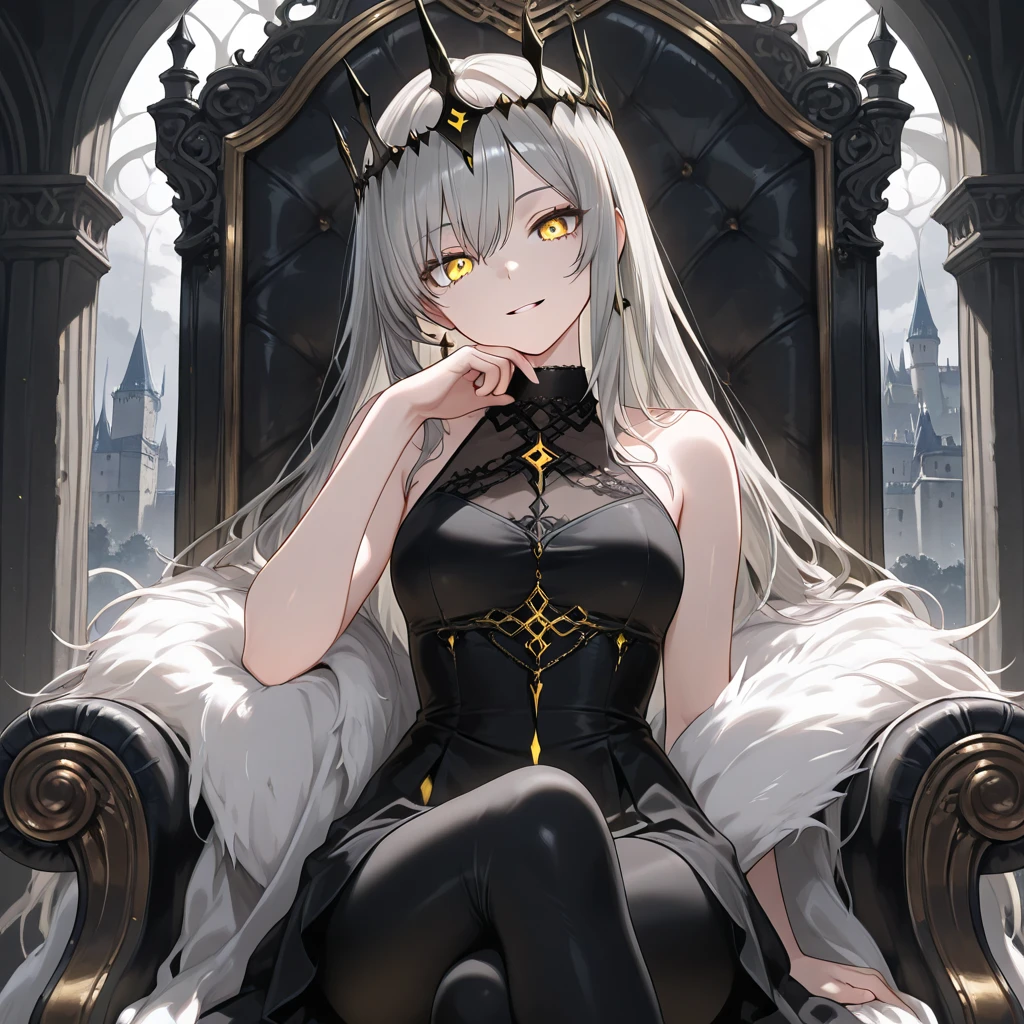 (work of art:1.2), best qualityer, (illustration:1.2), (ultra detali), hyper details, (delicate detailed), (details Intricate), (cinematic light, best qualityer Backlights), clear line, from low, soloist, perfectbody, (1 girl), white hair and yellow eyes, (emperor, clothing transparent), (tails: 1.1), sitting in the throne, ssmile, (shy: 1.2 ), (make up), hight contrast, (better lighting, an extremely created and beautiful), (cinematic light), colorfully
