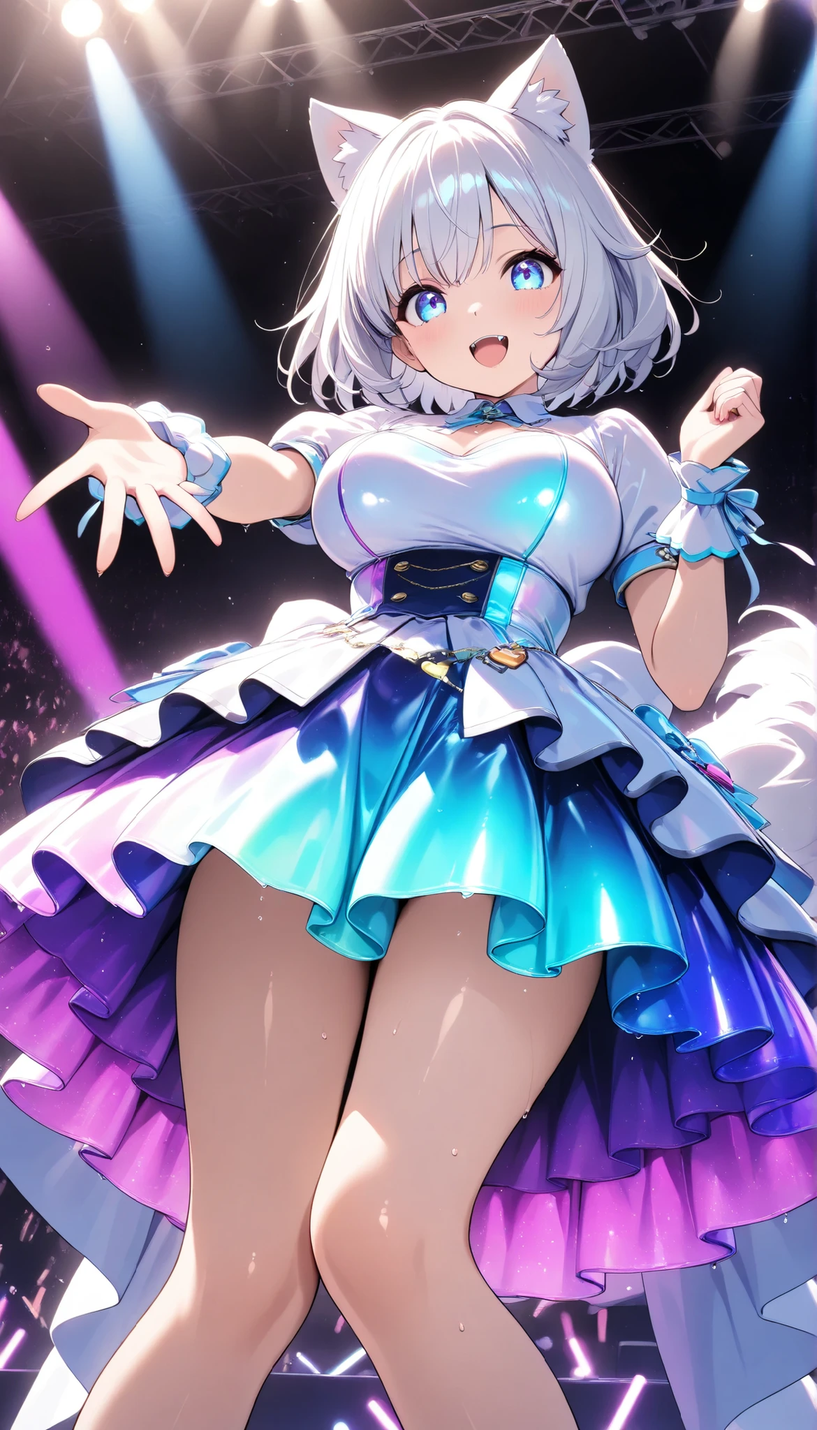 score_9, score_8_up, score_7_up, score_6_up, score_5_up, score_4_up, Embarrassed, (masterpiece:1.3, perfect details:1.3, best quality:1.3, 8k wallpaper), ((beautiful detailed eyes, clean eyes)), source_anime,
((1girl, wolf girl, white short hair, wolf tail,wolf ears, large breast, blue eyes, mouth with fangs)), (wet skin), looking at viewer, idol dress, singing on the stage, ((green Idol costumes, iridescent gradient dress, Iridescent Gloss Gradient dress)), idol-themed scene featuring young performers in dazzling, The performers should have dynamic, expressive poses, sparkling accessories, set on a glamorous stage with bright spotlights and a lively crowd in the background, steage, live stage, smile, Alluring expression, Music Stage, Festival