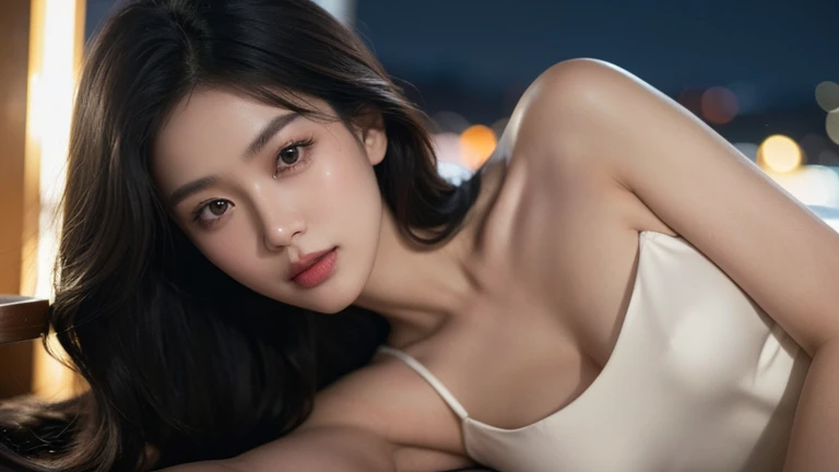 1 girl, bare shoulder, faint smile, shiny skin Best quality, masterpiece, (Realistic: 1.4), knitted watermark, large, dark, night, orange Pale lighting, shadow, shadow, low light